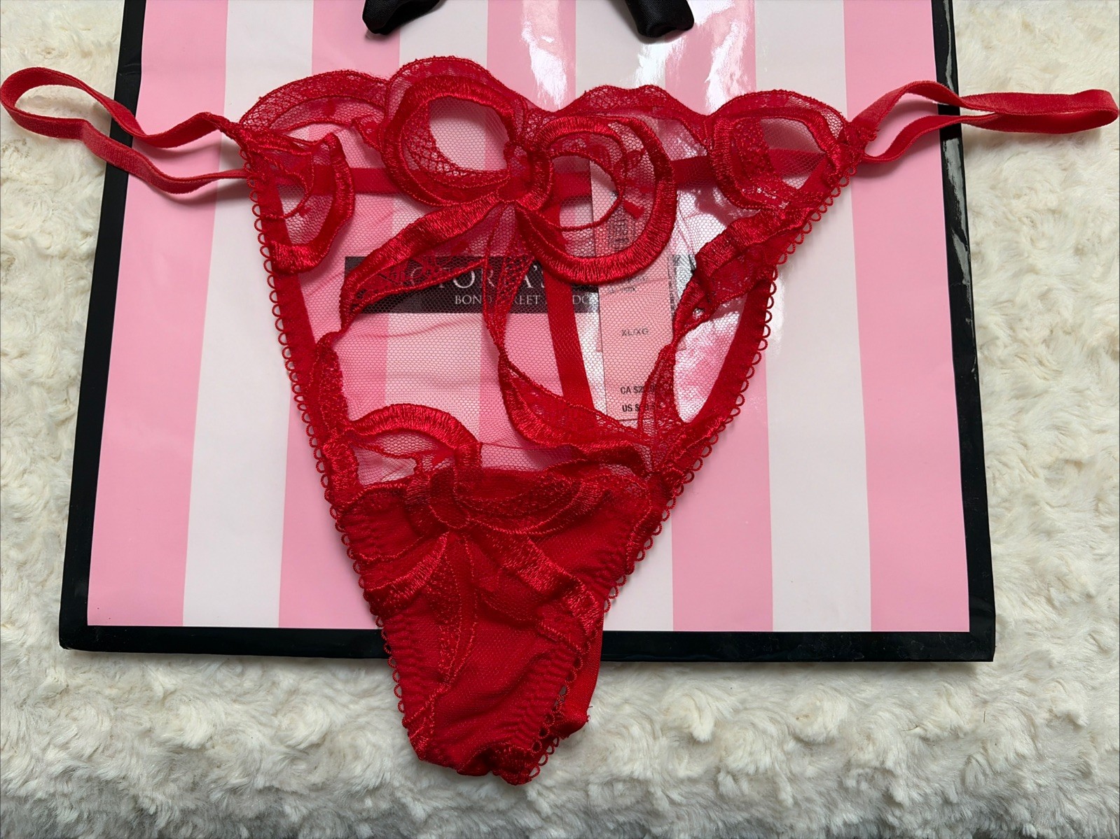 New Victoria’s Secret Red Mesh Embroidery Polyamide V String Panty, SZ XL