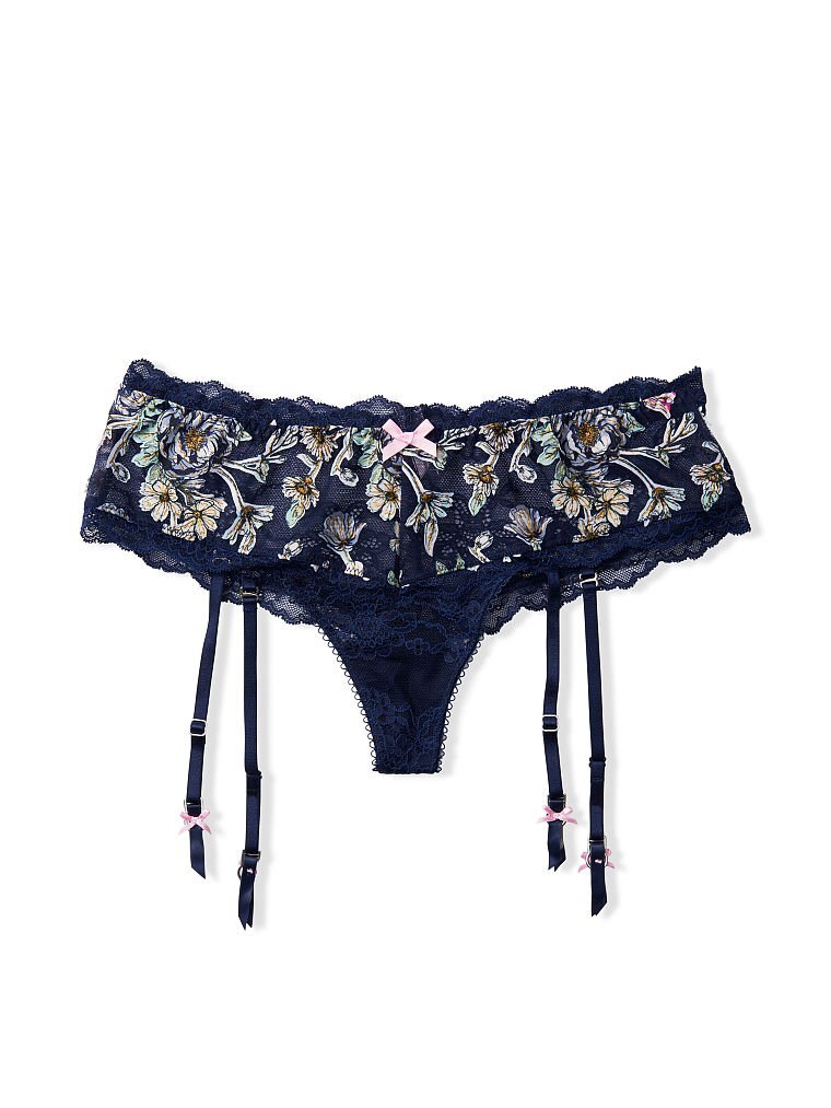 Victoria’s Secret DREAM ANGELS Navy Floral Garden Thong Garter Belt Panty