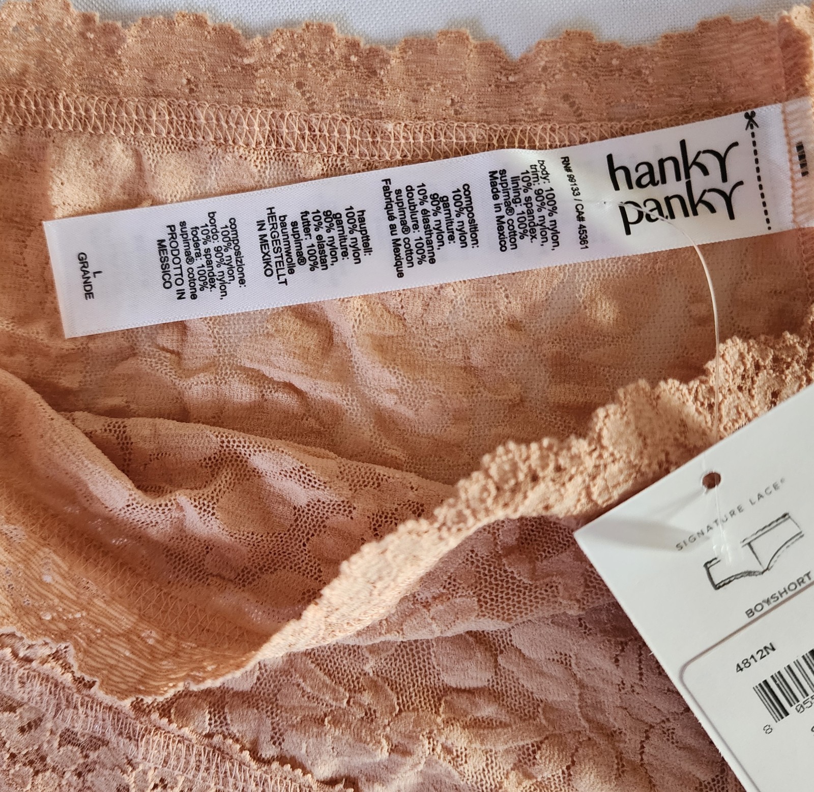 NWT HANKY PANKY STRETCH LACE BOYSHORT PANTIES 4812N HONE PEACH NUDE LARGE