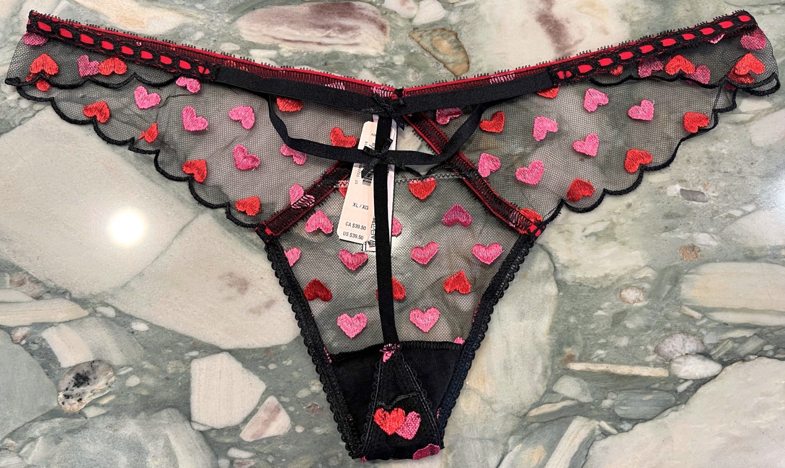 NEW Victoria Secret Dream Angels Heart Embroidered Mesh V-String Black XL or XXL