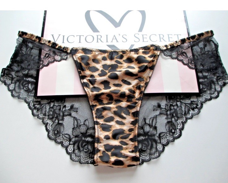 Victoria’s Secret Leopard Satin Black Lace Back Cheeky Panty NWT M Or L
