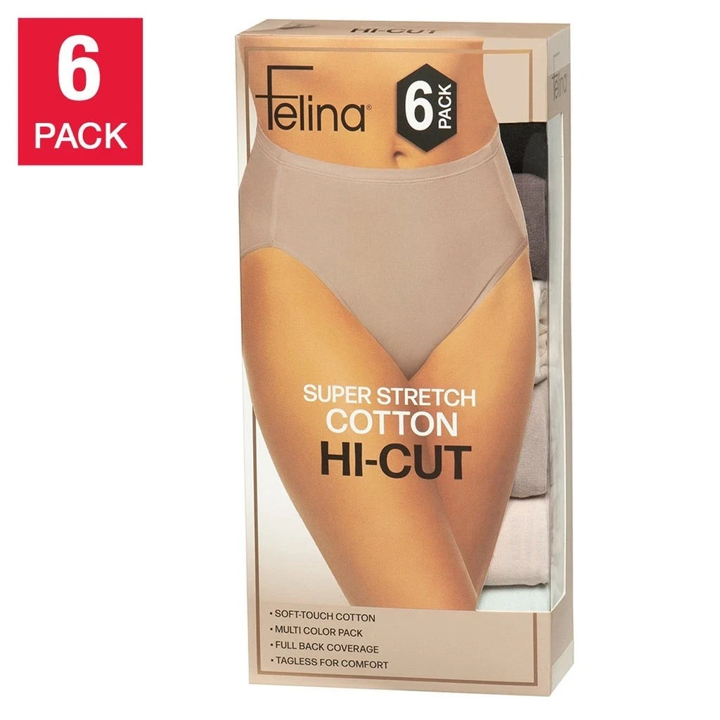 Felina Women’s Super Stretch Cotton Hi-Cut Briefs 5 OR 6 Pack