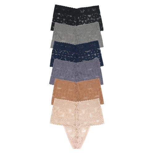 Women’s High Waisted Retro Lace Thong Panties Medium 6 Pcs All Lace Thong