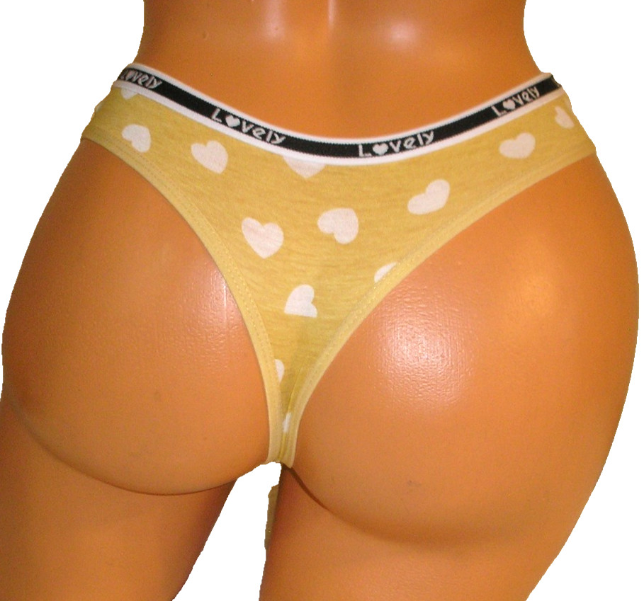 Panties Lingerie Heart Print Yellow Thong Medium Adult Gift