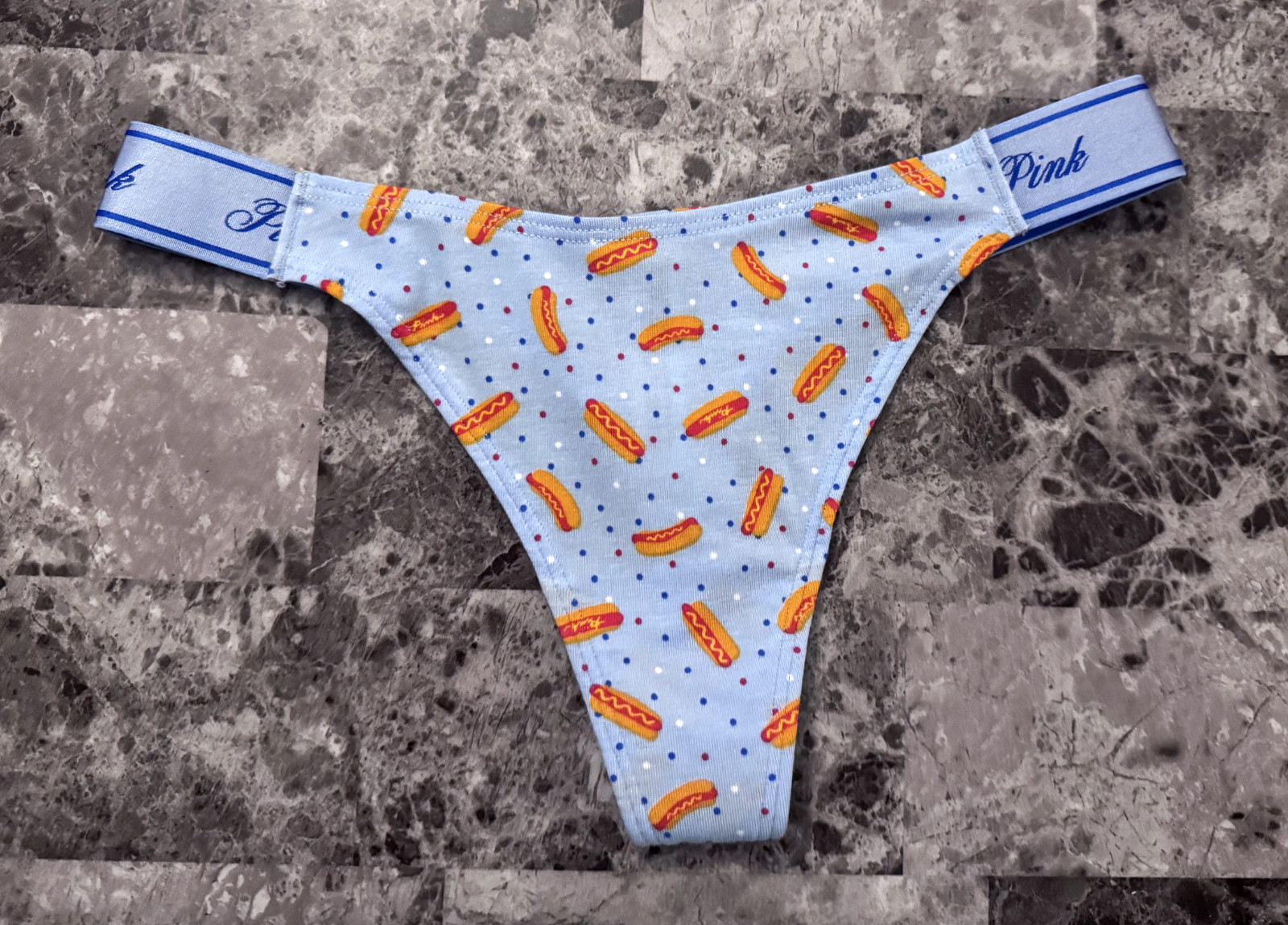 NWT VICTORIA’S SECRET PINK HOTDOG POLKA DOT THICK LOGO SIDE STRAP THONG PANTIES