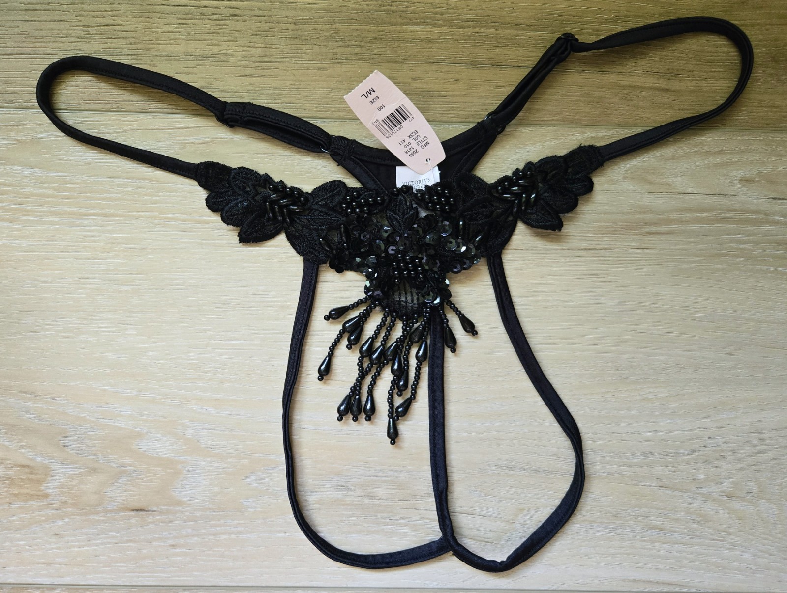NWT Vintage Victoria’s Secret Black Kinky Beaded Lace Open String Panties M/L