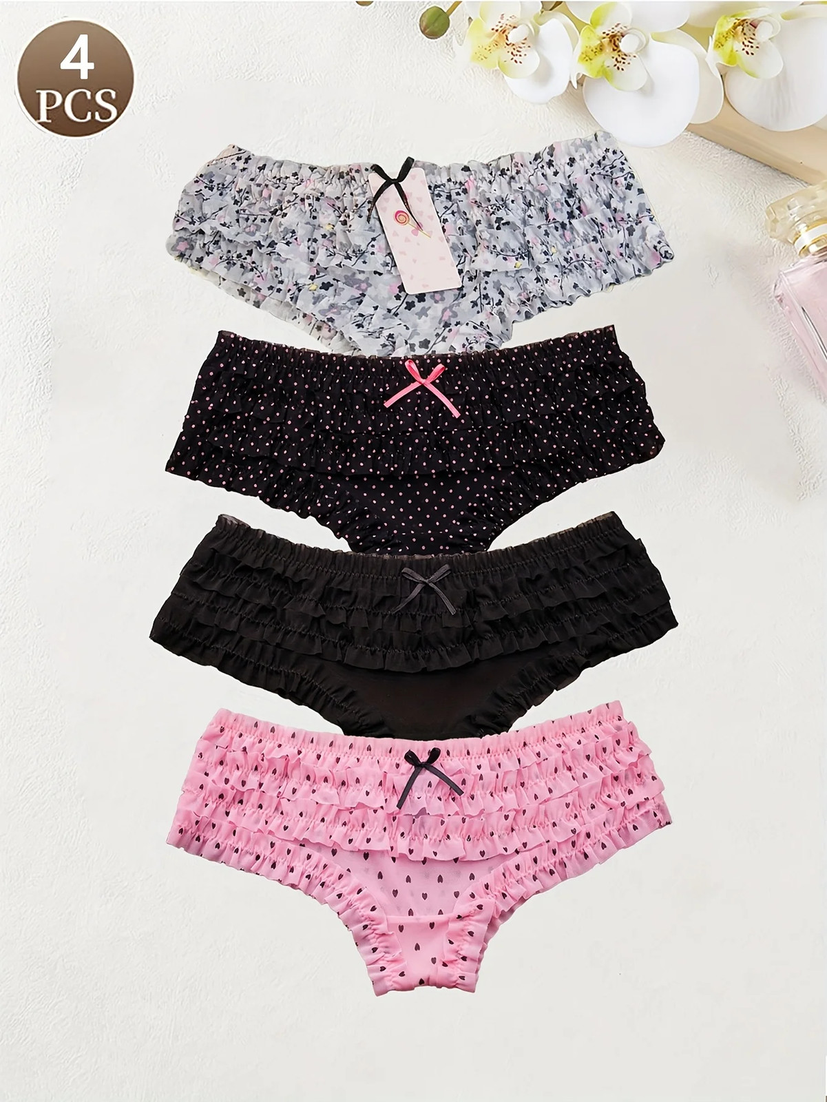 4PCS Cute dot small floral patterns sweet knitted fabric with lace stitching