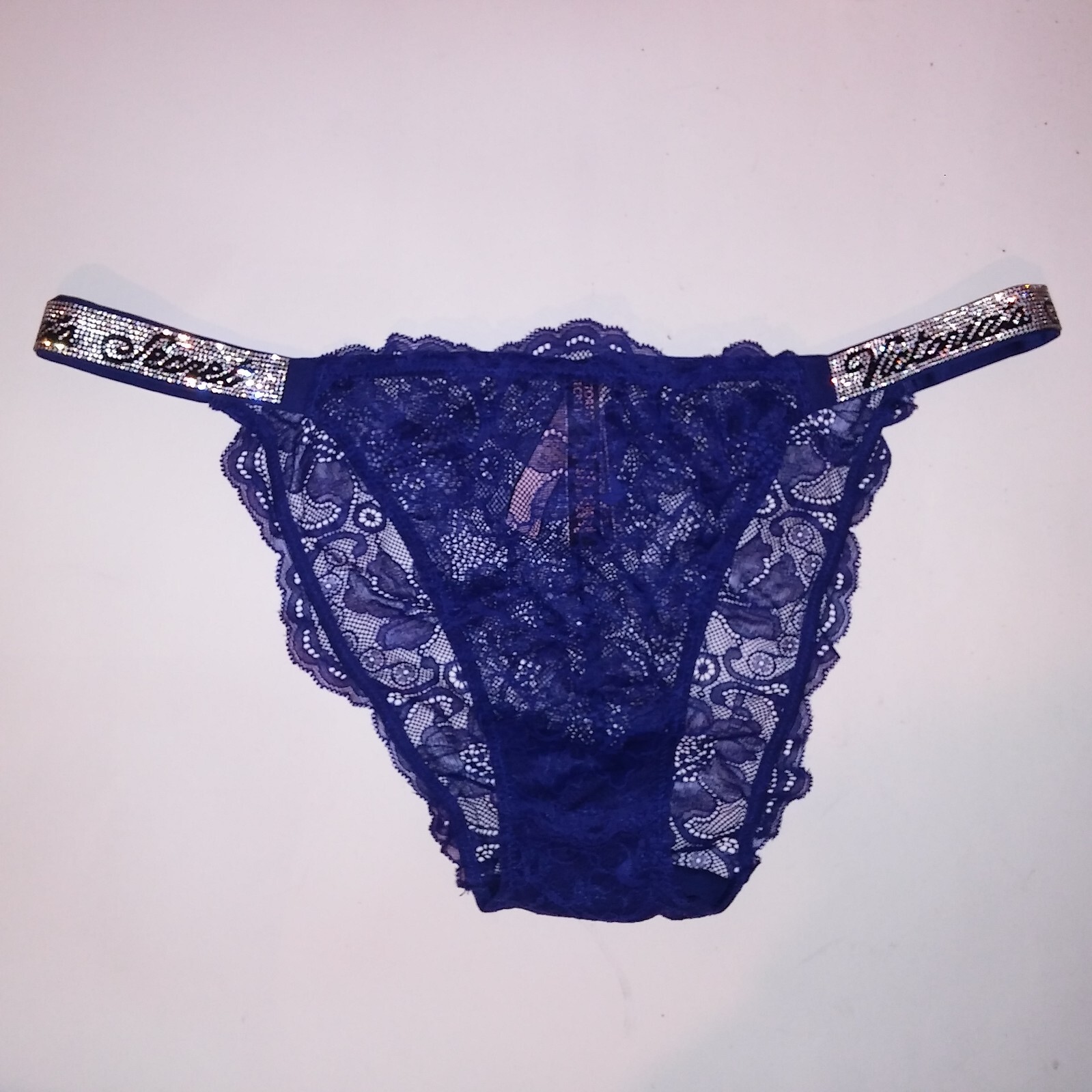 Victoria Secret Panty Bikini Shine Strap Navy Blue Logo Rhinestone Bling New