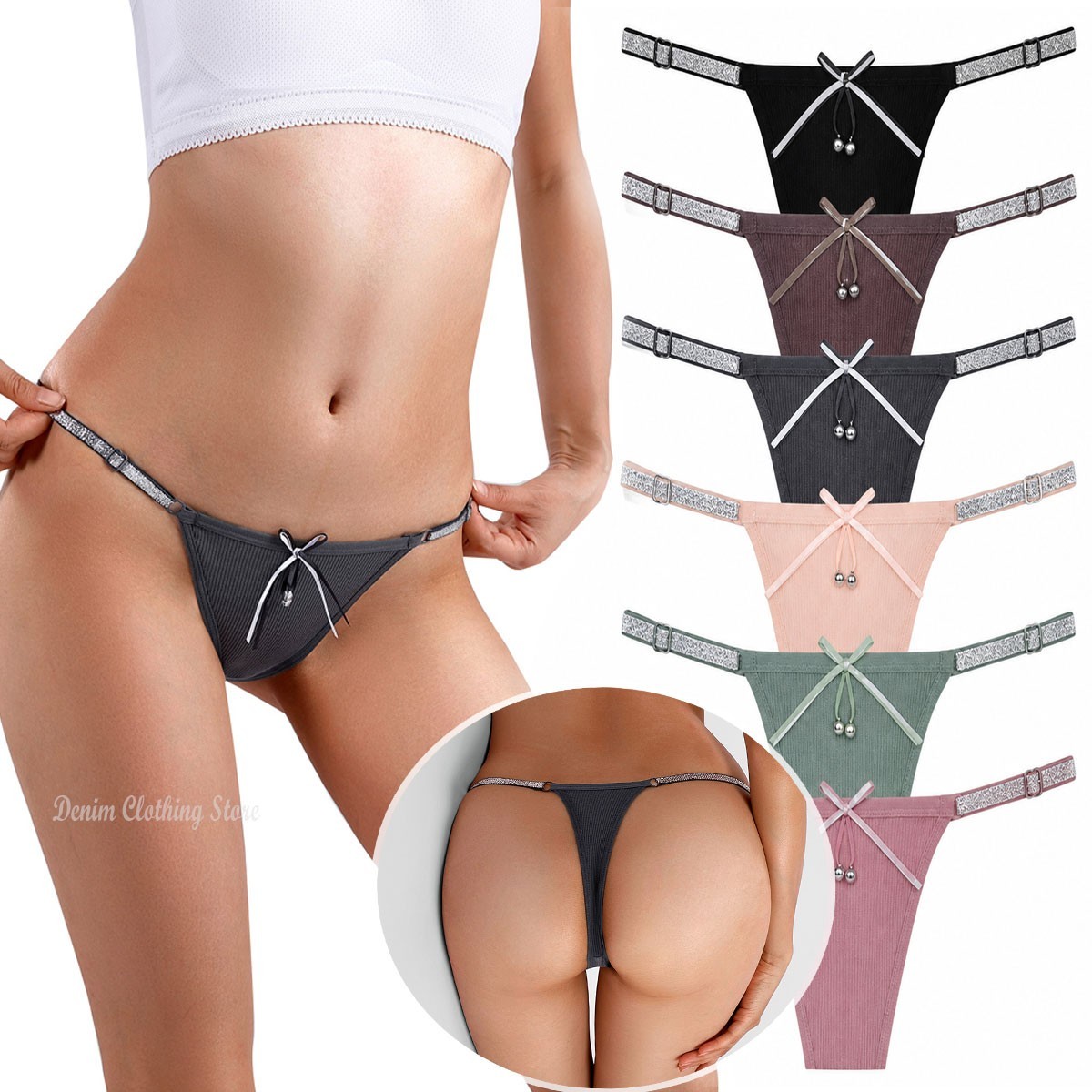 6 Pack M L XL Women Cotton Ribbed Thong Panties Adjustable Strap G-String Set
