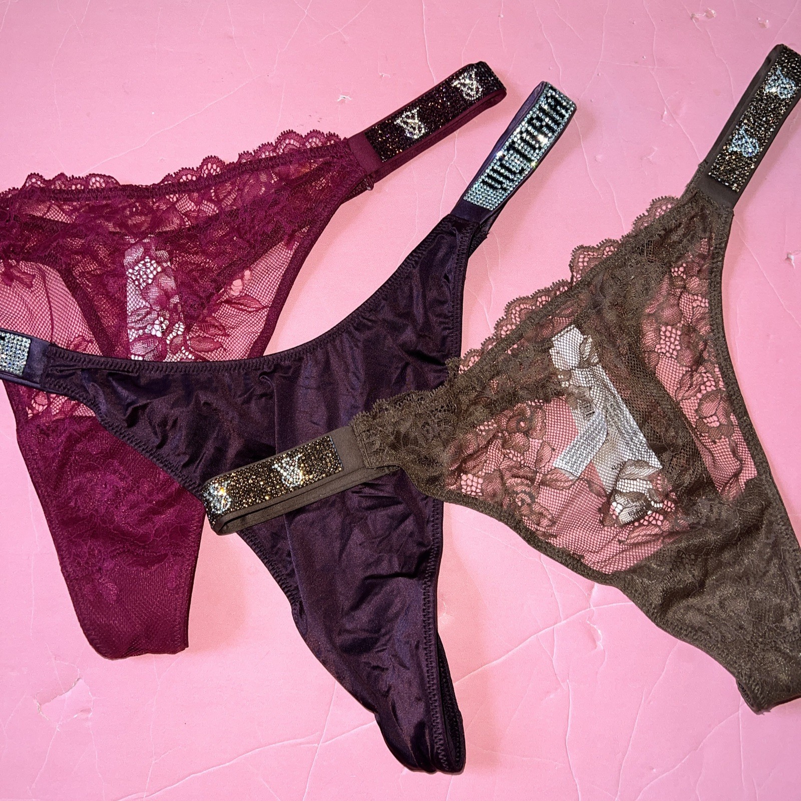 Victoria’s Secret XL THONG PANTY LOT Pink RED Green Black Brown LACE SHINE STRAP