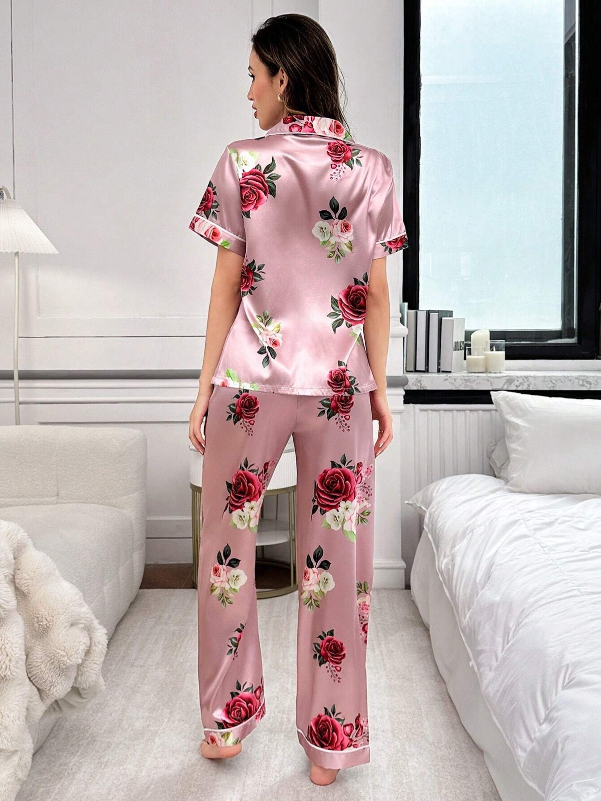 LuxeNights Satin Floral Pattern Collared Top & Pants Pyjama Set Ladies Cheap24
