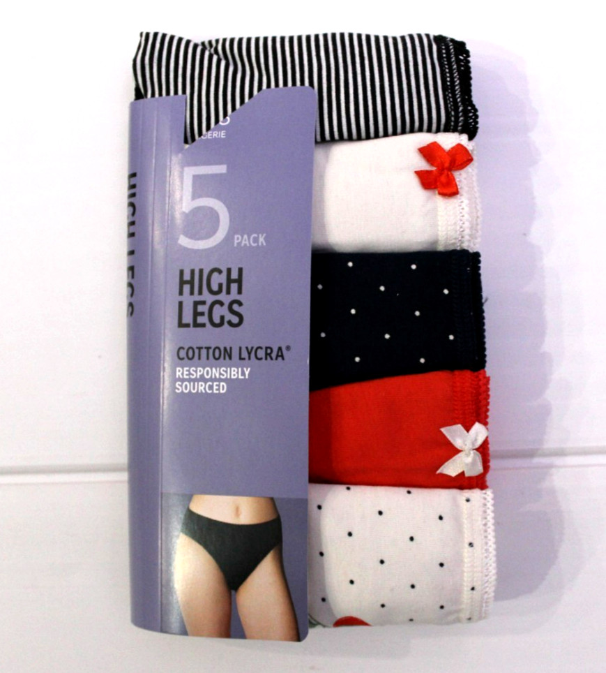Ex M & S Ladies 5 Pack Cotton Lycra High Legs Knickers Briefs ~ Sizes 8 to 20 ~