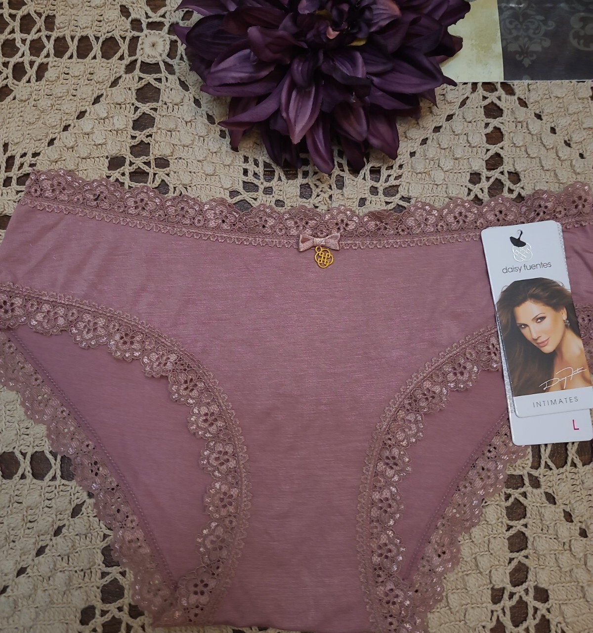 DAISY FUENTES Dusty Rose Bow/ Lace SeXy Hipster Panties Lingerie, 7/L ~ NWT