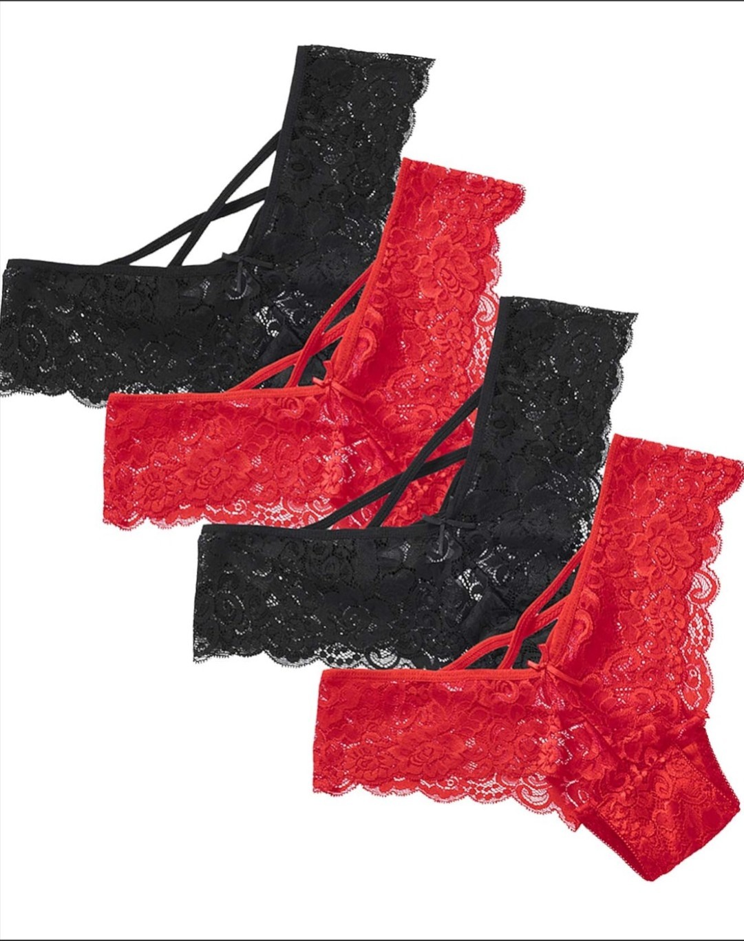 Anna & Eric 4-Pk Floral Lace Sexy V-Back Criss Cross Mid Rise Thong Panties SZ-L