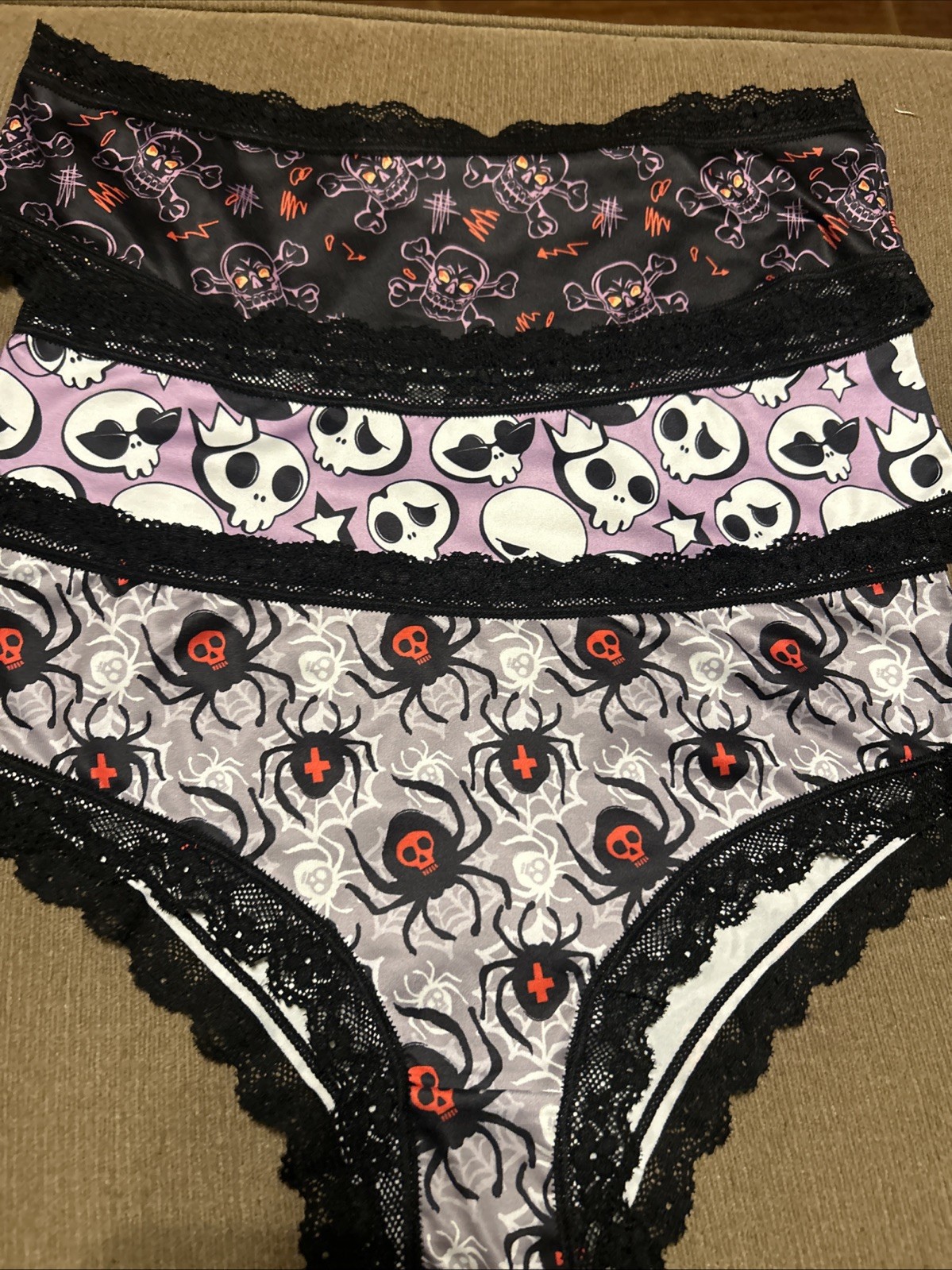 Morvia 3pk lace trim Skater goth Skater Emo panties L Spiders Skulls Web Bones
