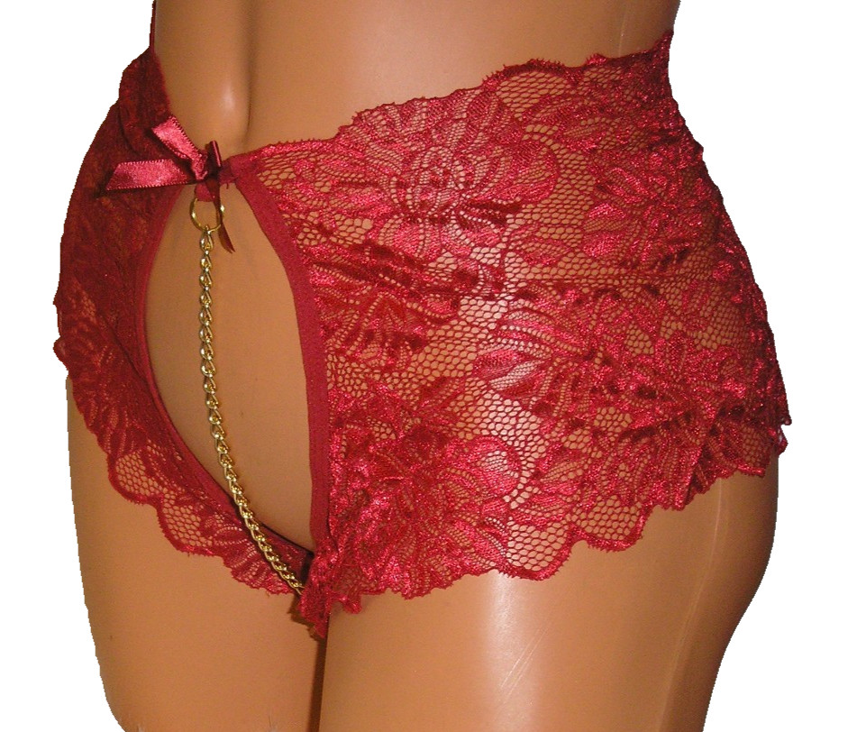 Panties Lingerie Red Lace Chain Accent Open Back Crotchless, XL Adult Gift