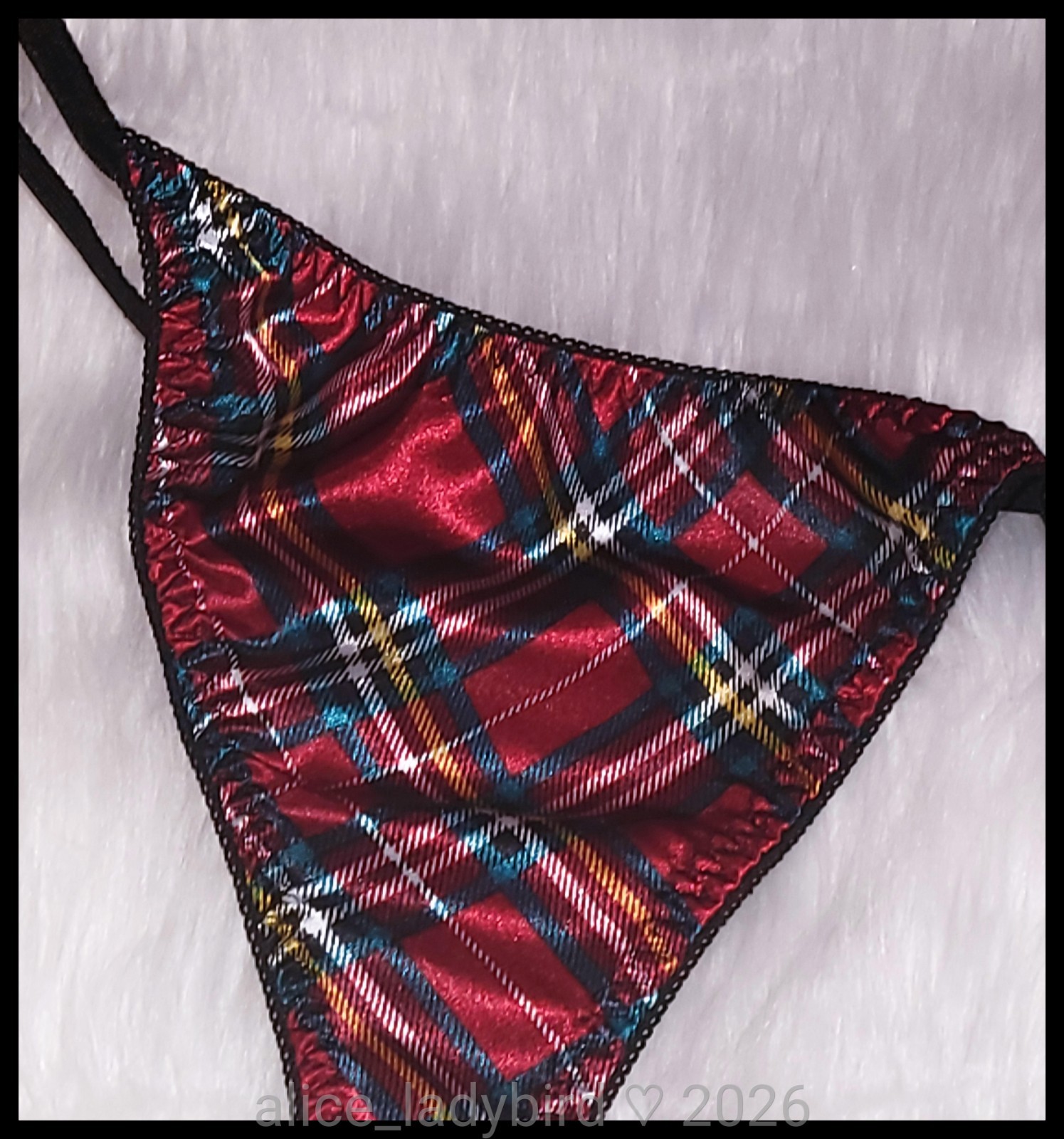 SHINY Vintage PLAID String Bikini PANTIES Glossy SATIN Thong ~M/L