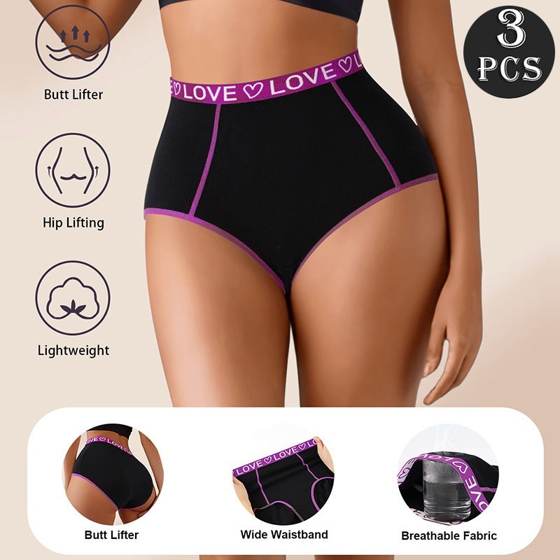 3 Pack High Waist Letter Print Cotton Bikini Tummy Control Breathable Butt Lift