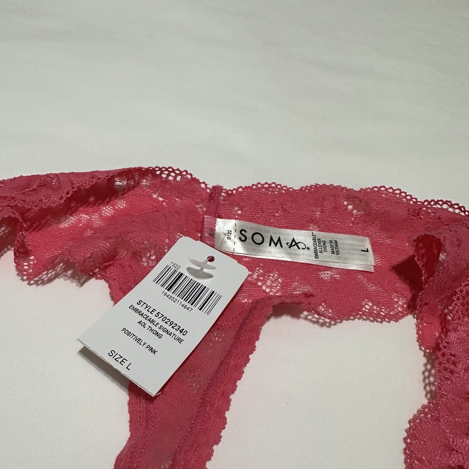 Soma Intimates Positively Pink Signature AOL Thong Panty NWT $12 Sz L Large Lace