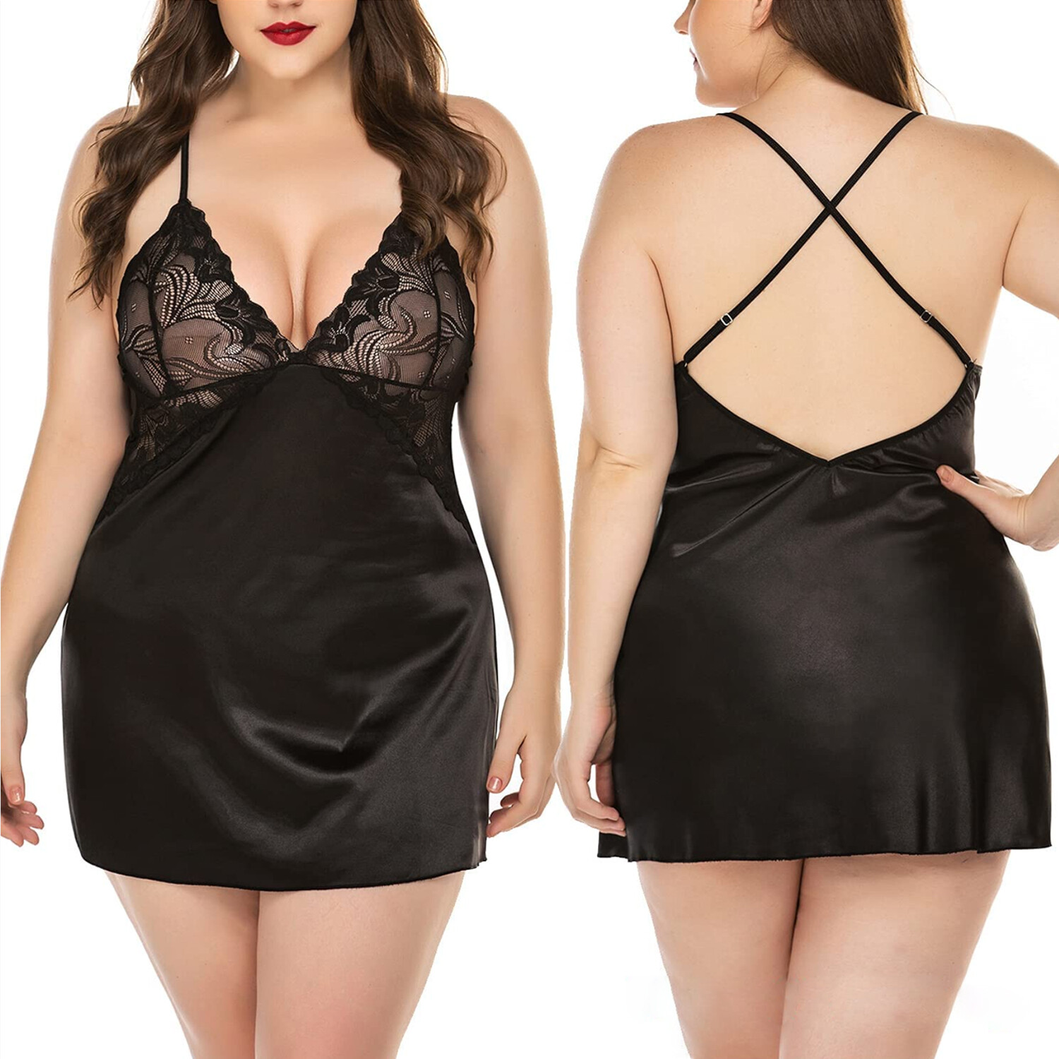 Plus Size Women Ladies Lace Lingerie Sleepwear Dress Satin Silk Nightdress Robe