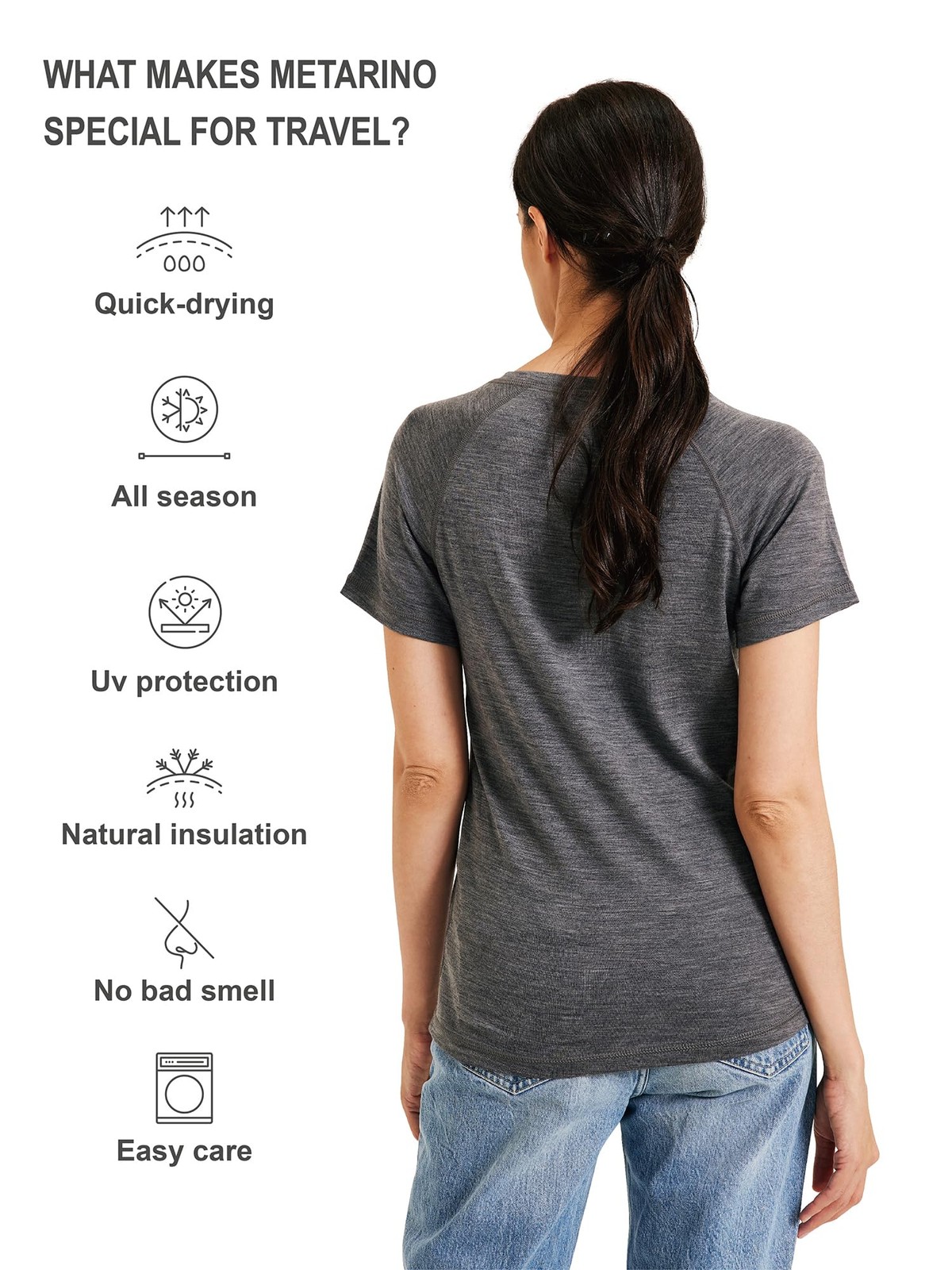 METARINO 100% Merino Wool T-Shirt Women V Neck Short Sleeve Base Layer Tee Sh…