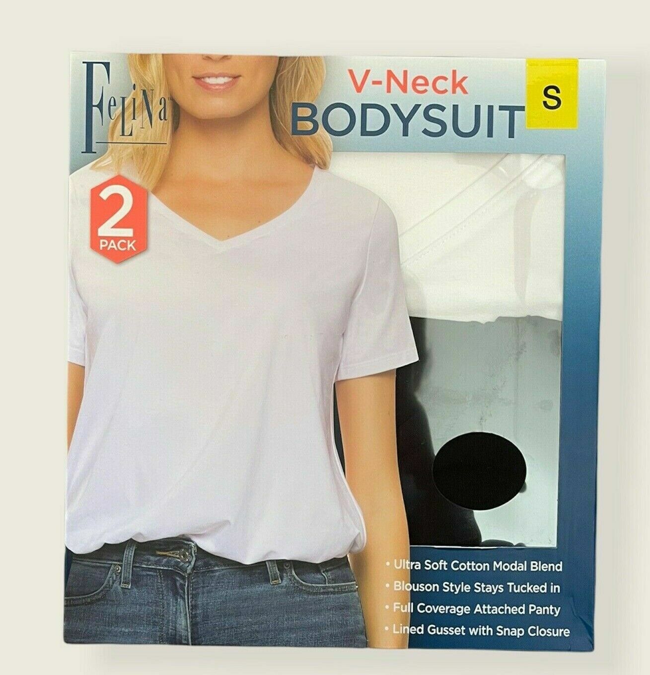 Felina 2 Pack V-Neck Bodysuit Blouson Style Full Coverage Ultra Soft SHIP FAST