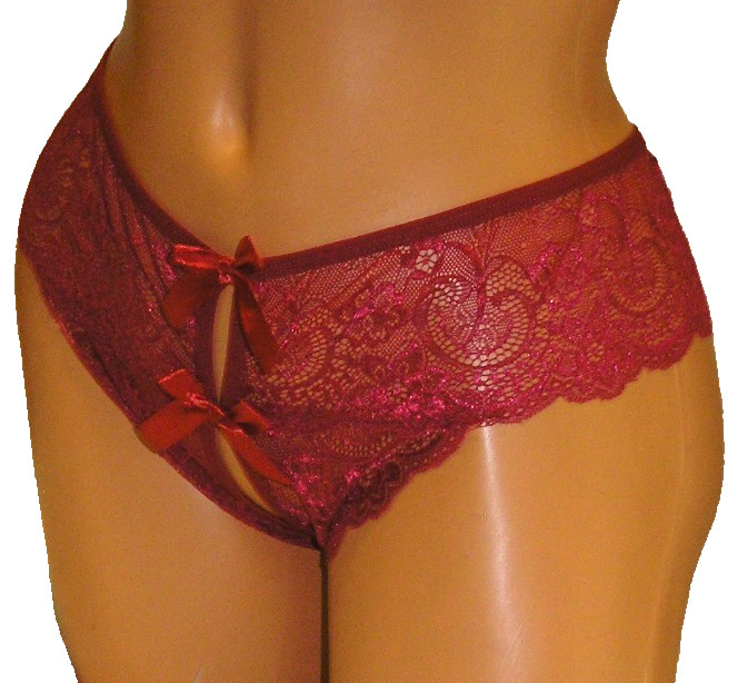 Panties Lingerie Bow Front & Back Red Wine Lace Crotchless, 0XL Adult Gift