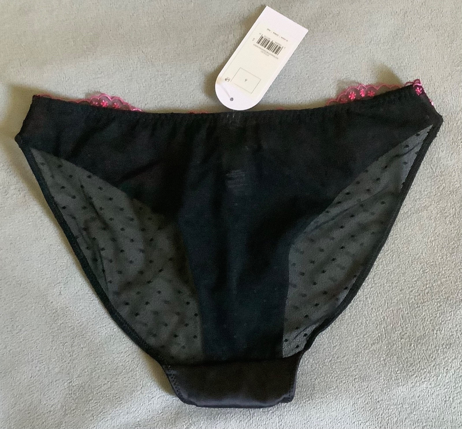 GEORGE Black with Embroidered Pink Hearts Satin,Lace & Mesh Knickers Sz 6 -BNWT