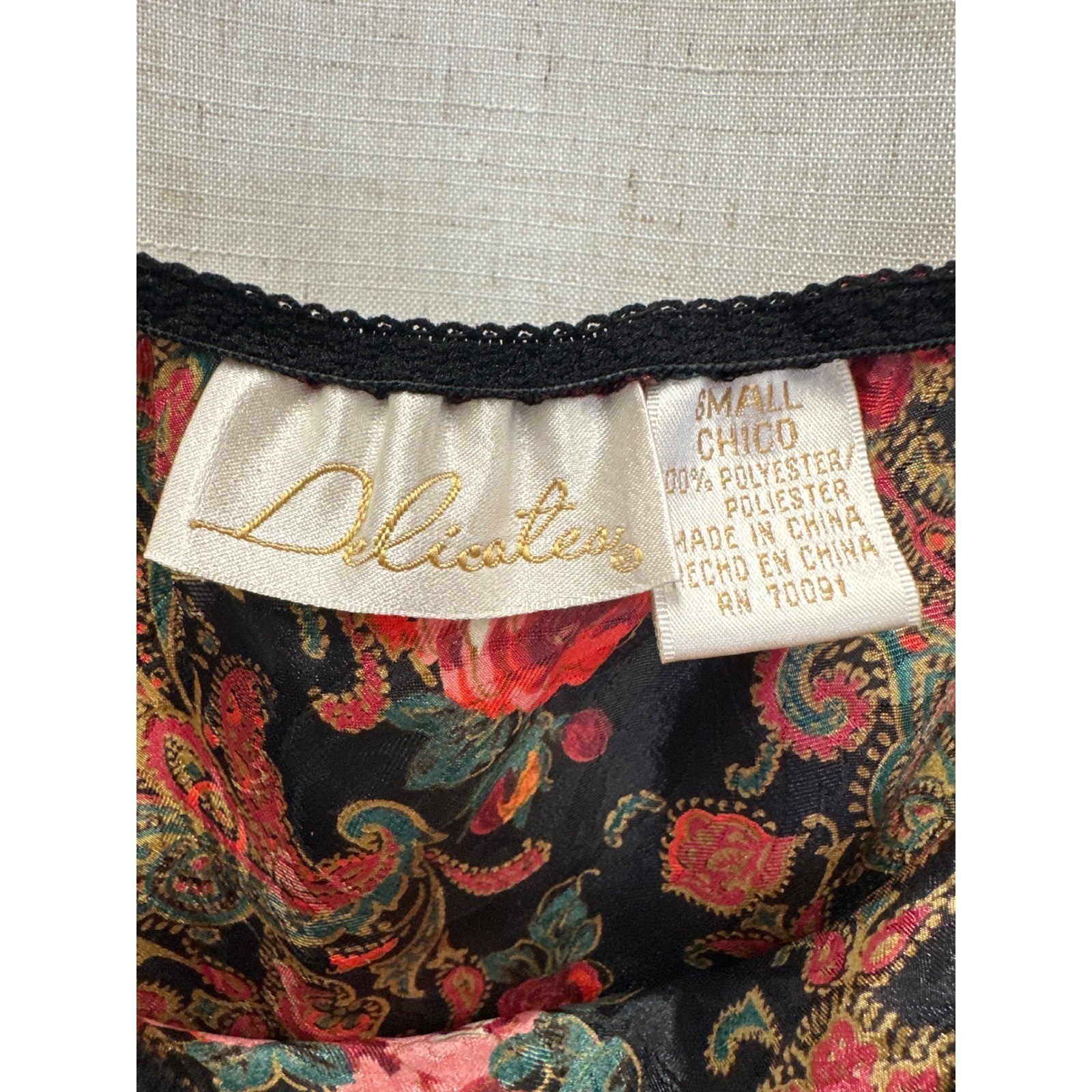 90s Delicates Floral Paisley Black Red Satin Lace Trim High Cut Bottoms Sz Small