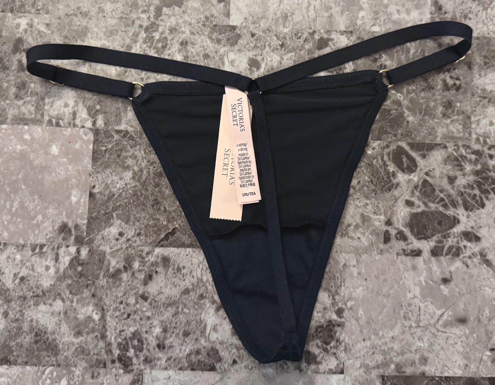VICTORIA’S SECRET DARK BLUE SATIN SMOOTH GOLD ADJUSTABLE STRAP V STRING PANTIES
