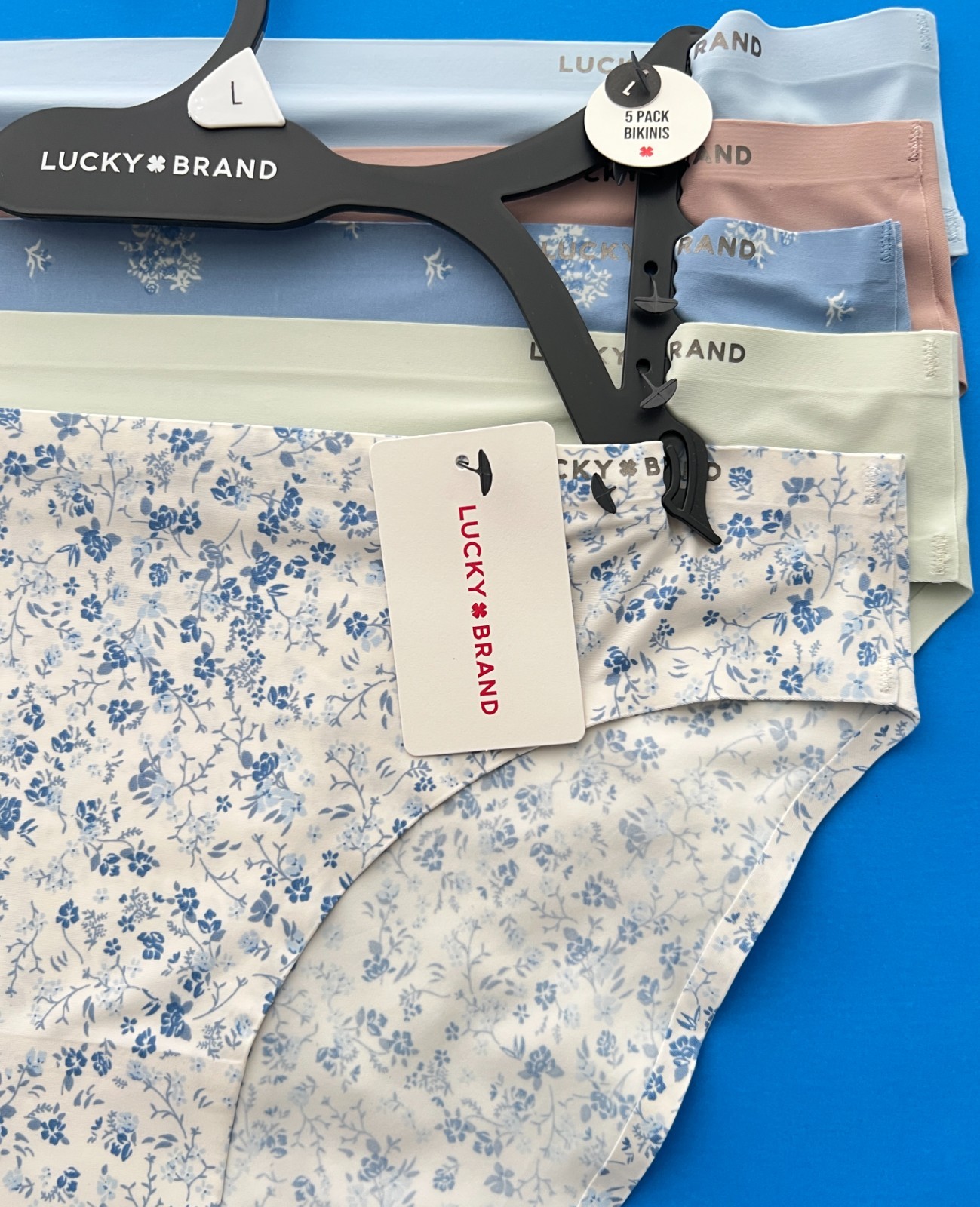 Lucky Brand Set Of 5 Bikinis Sleek Nylon Fit Size Large Light Floral Solid NWT