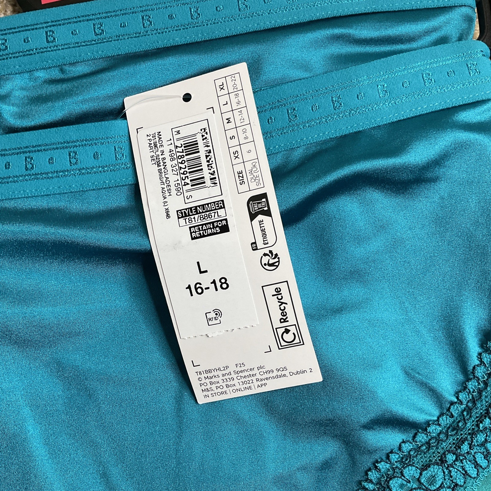 M&S 2 Pack LARGE 16-18 Boutique Satin High Leg Knickers Bright Aqua Silky Soft L