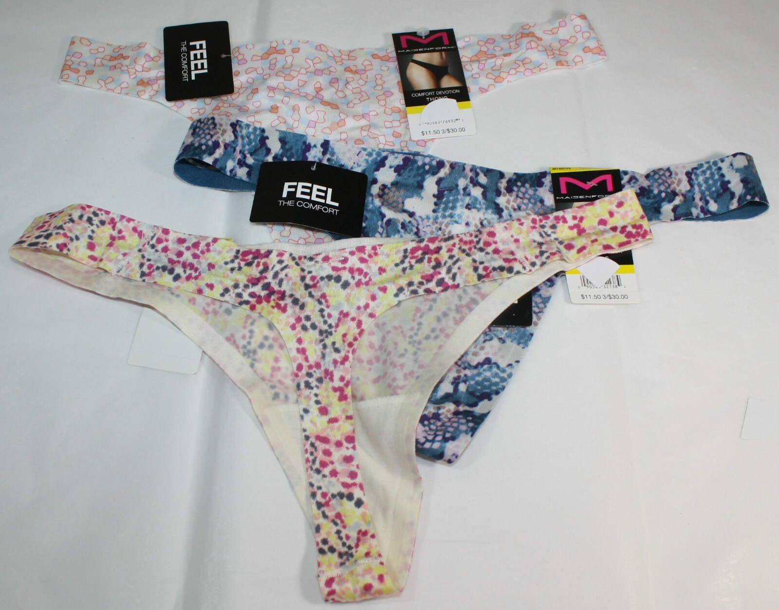 NWT set of 3 MAIDENFORM comfort devotion THONG BLUE SNAKE SPLATTER pastels M/6