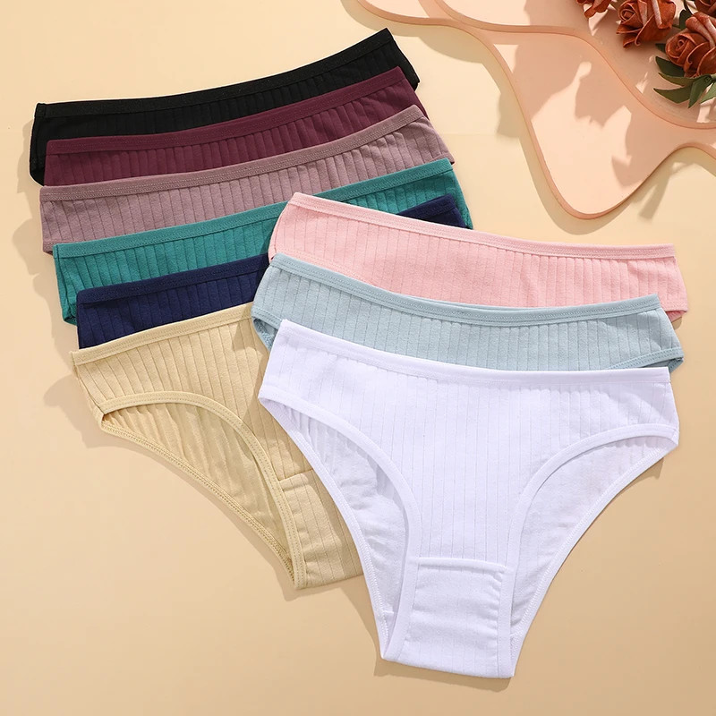 6PCS/SET Women’s Cotton Panties Sexy Soft Striped Underpants Solid Color