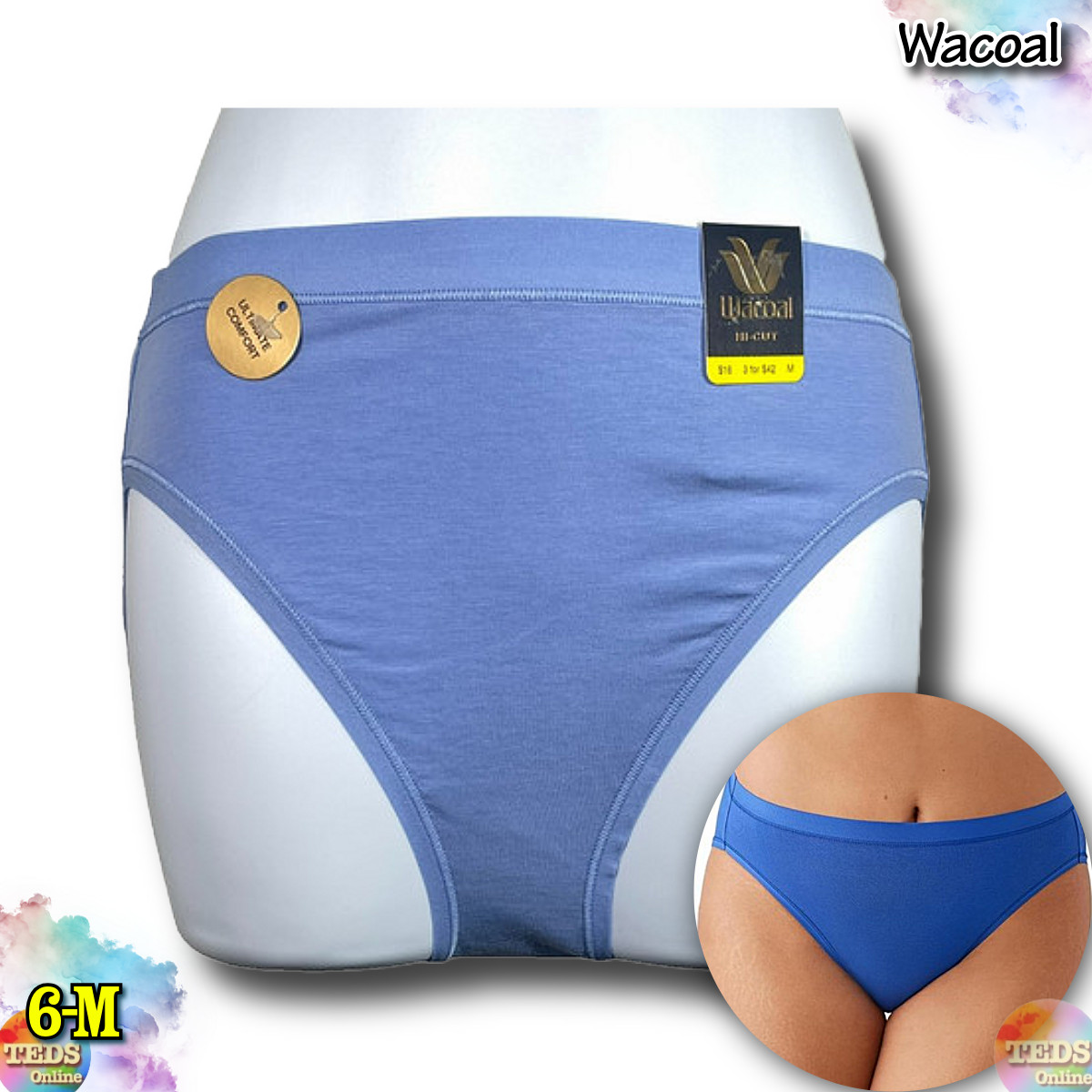 NWT Wacoal Women’s 6-M Understated Cotton Hi-Cut Underwear 879362 Blue