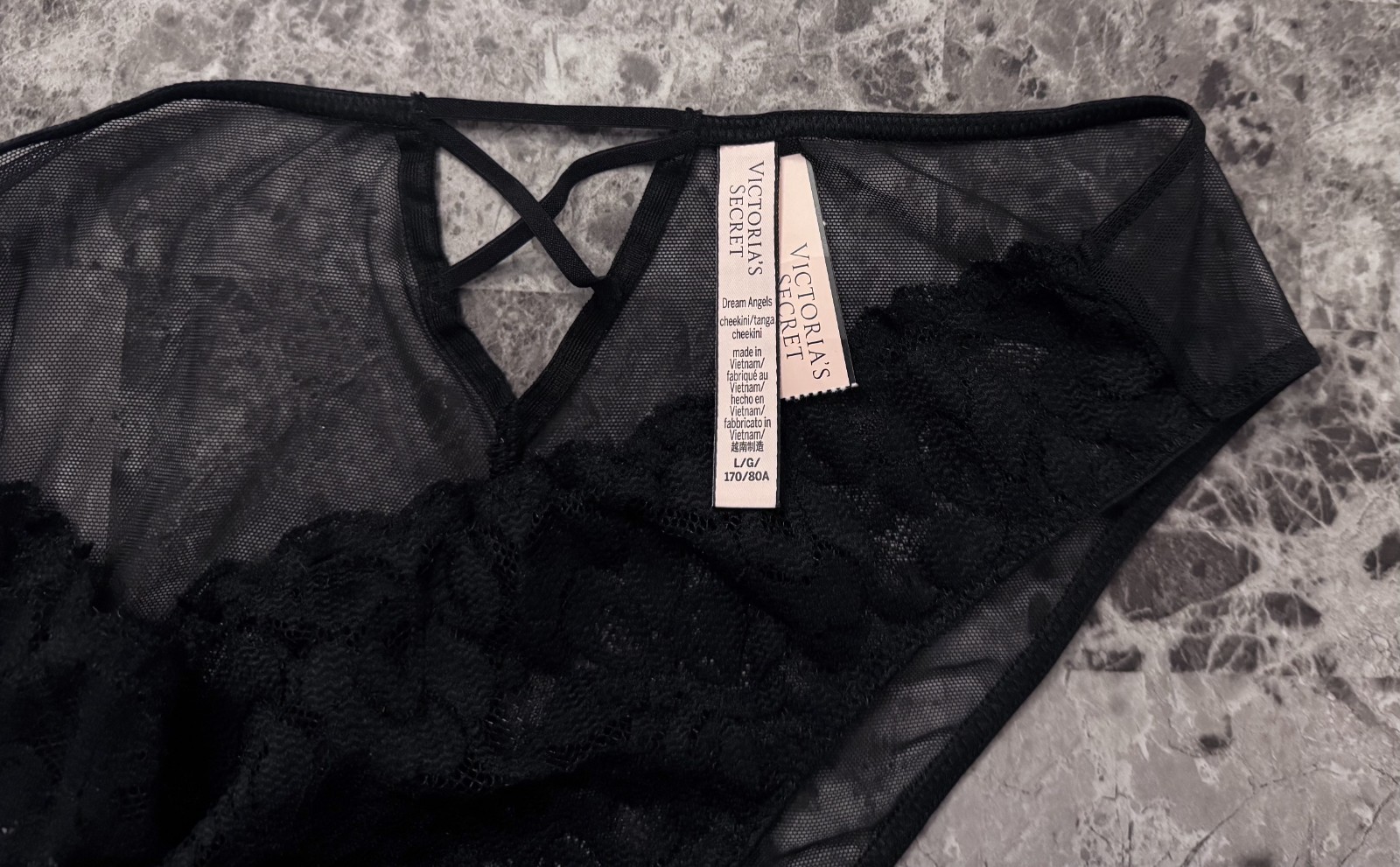 NWT VICTORIA’S SECRET DREAM ANGELS LARGE BLACK LACE MESH RARE CHEEKINI PANTIES