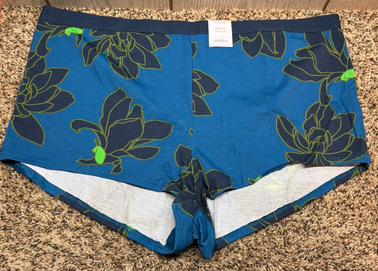 Auden Blue/Multi-Color Cotton Blend Boyshort Panty. Size: 3X (24-26).