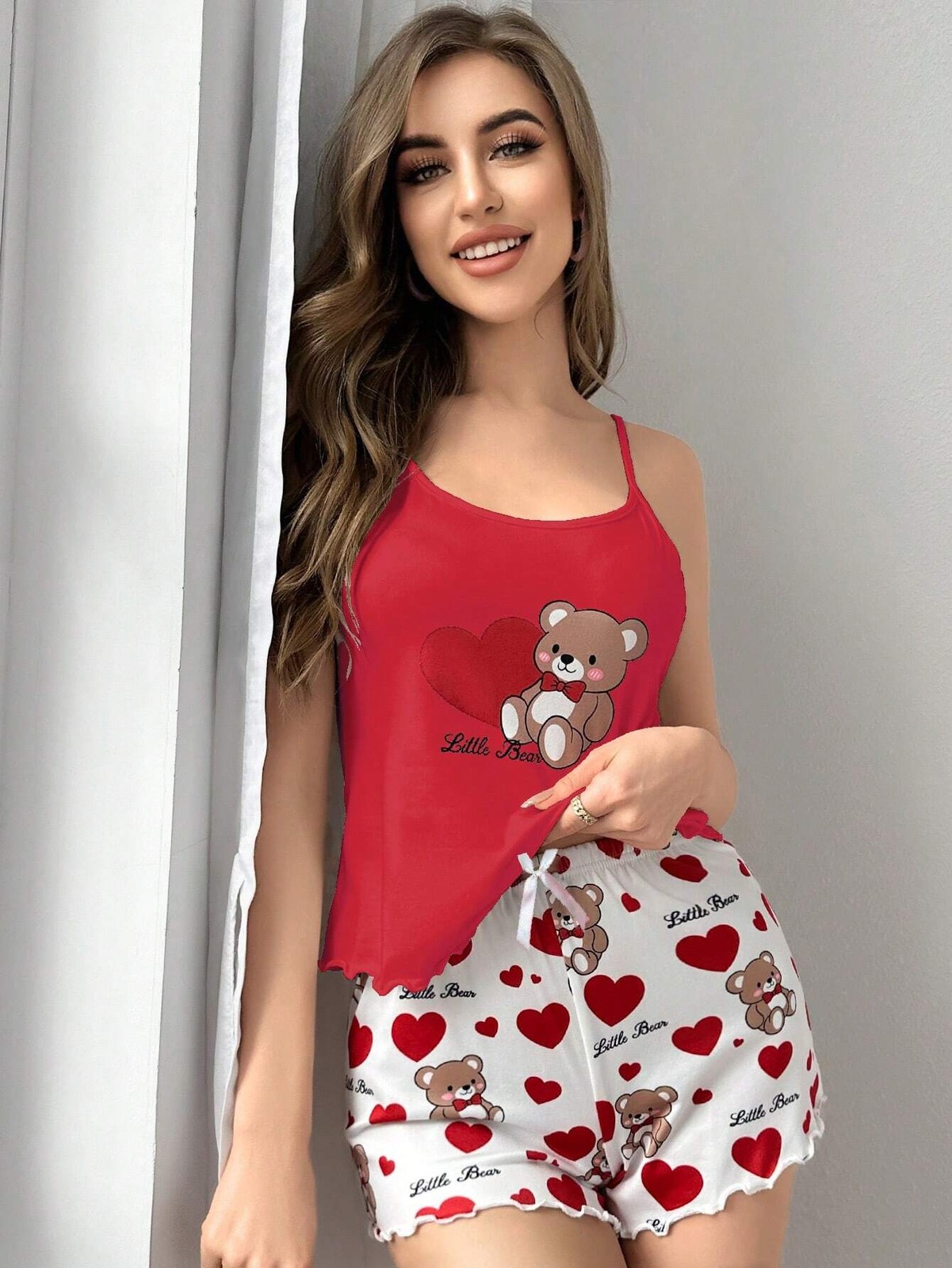 Softscene Ladies Bear Pattern Camisole Top and Shorts Pyjama Set for Cheap24