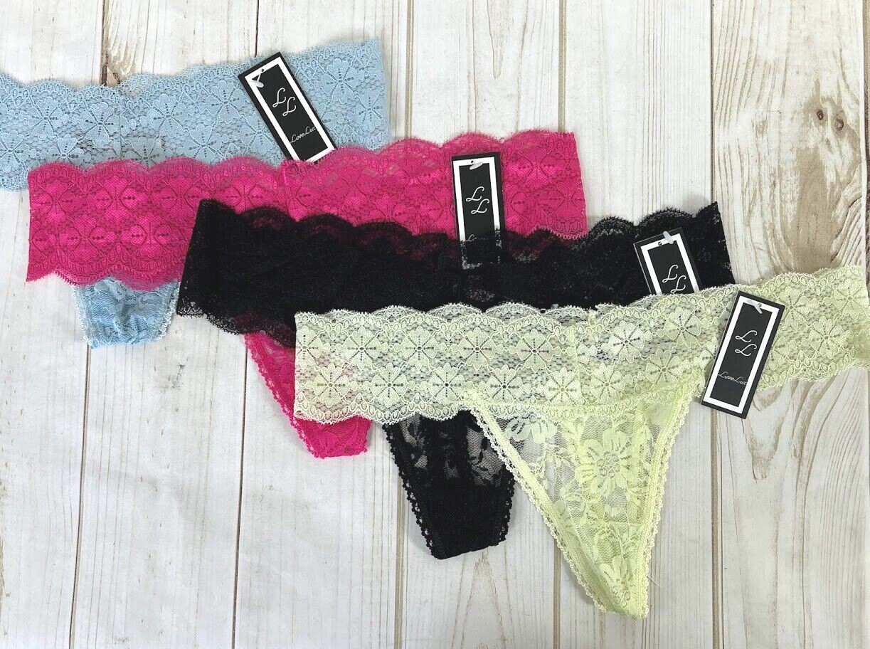 Lot of 4 Pairs Love Lux Sexy Lace Thong Panties Black Blue Yellow Pink NWT H5