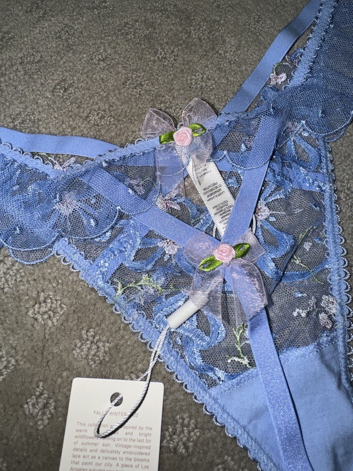 Victoria Secret For Love And & Lemons Thong Panty Ruffle Embroidered L blue New