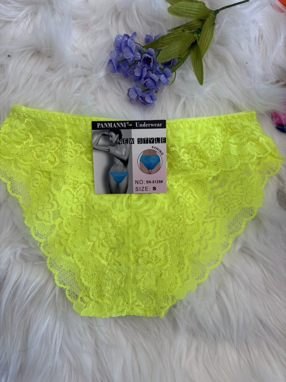 PANMANNI Panties Bikini Floral Lace Yellow Stretch Semi-Transparent Size S