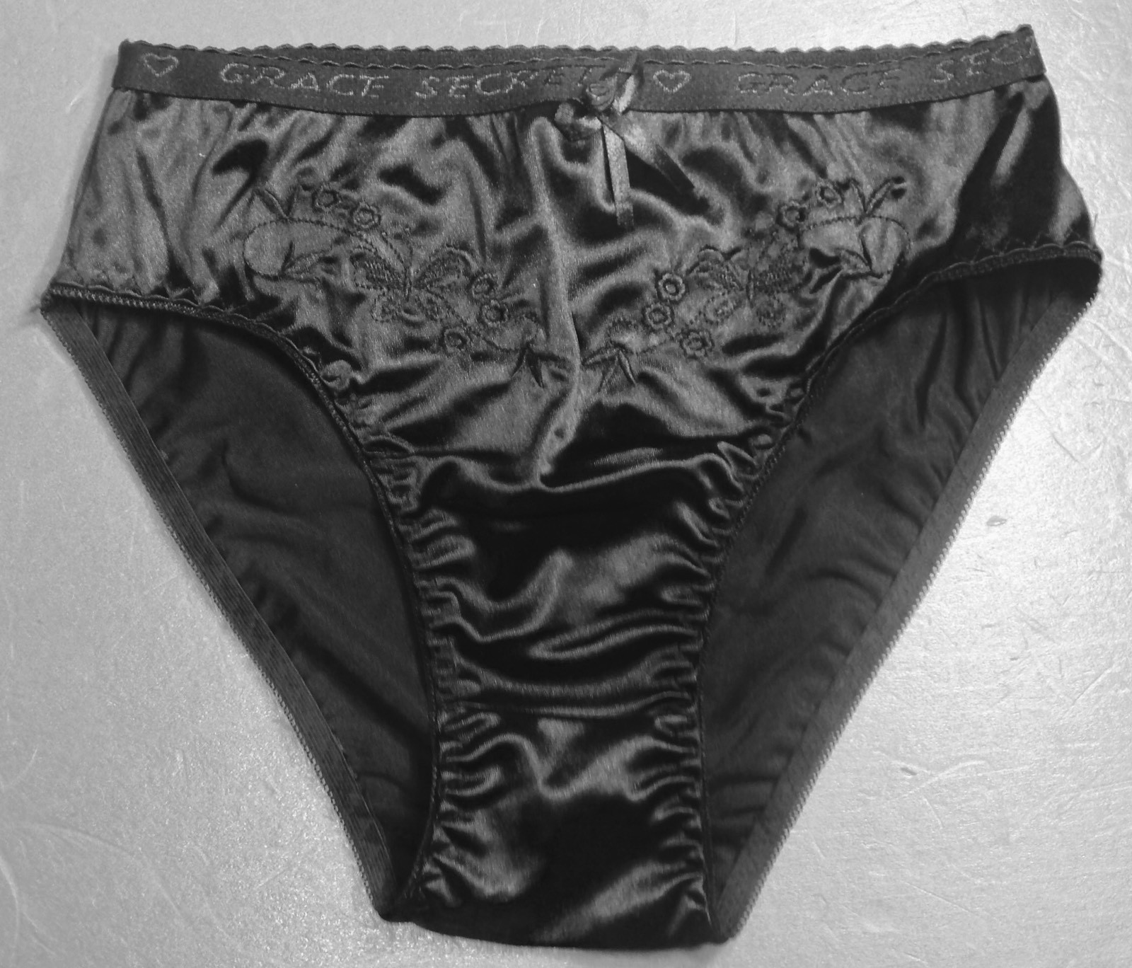 Women Panties Bikinis GRACE Size XL. Black Nylon Satin W/Decoration Elastic