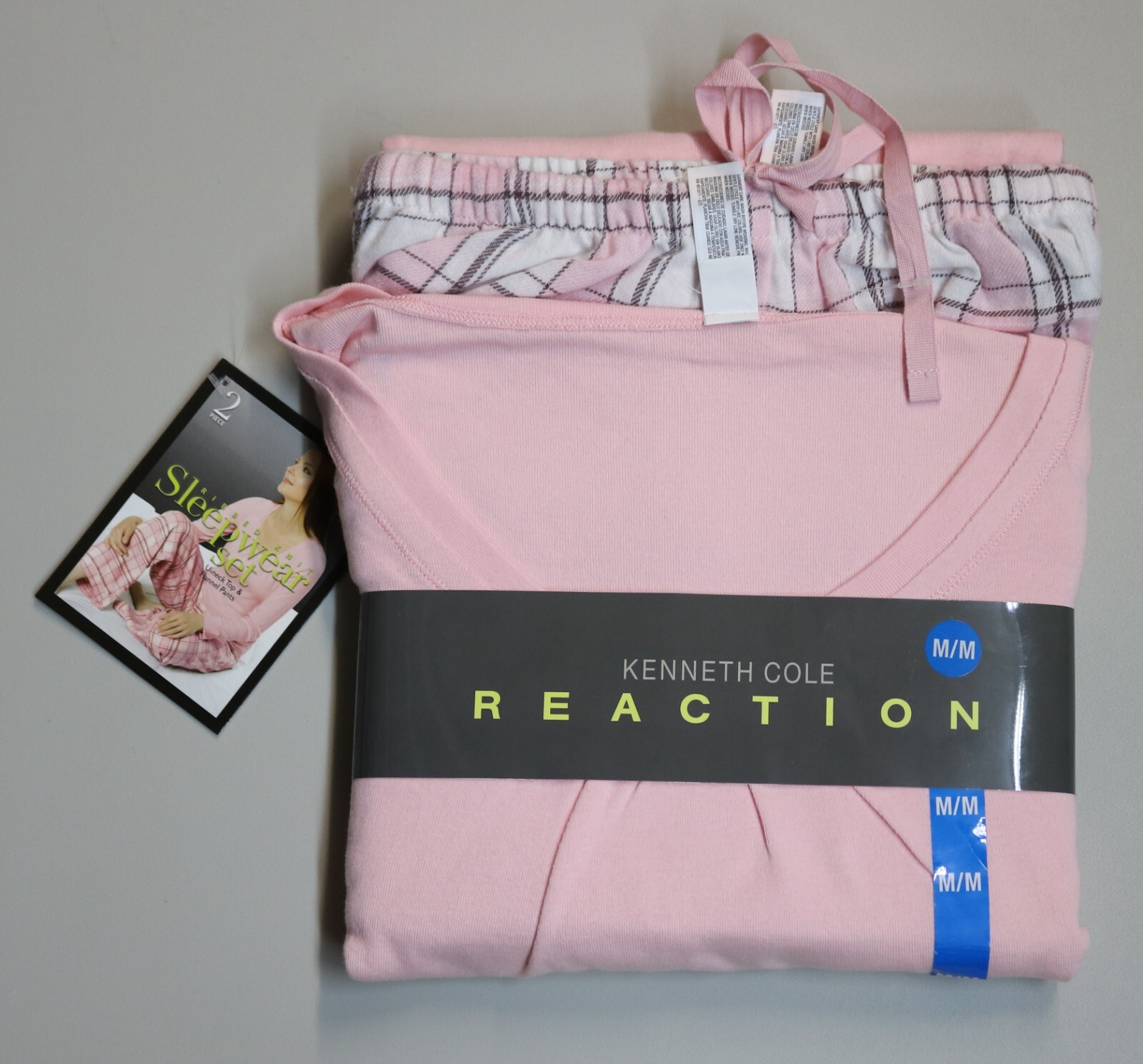 New 2 PC Kenneth Cole Reaction Women PJ Set Pink Top & Pink Flannel Pants – Med