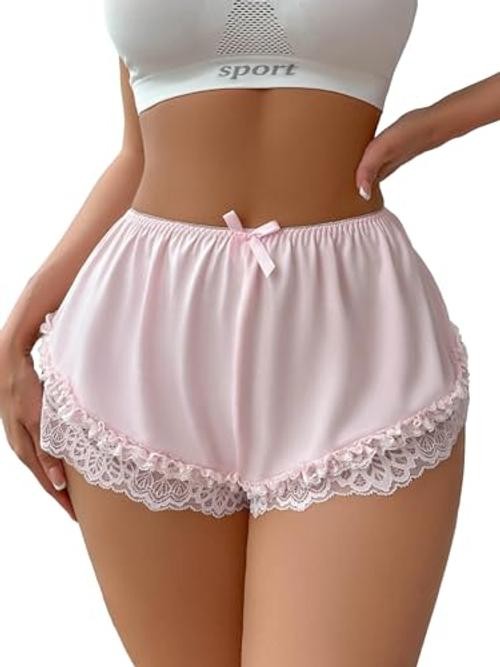 Women’s Contrast Lace Bow Front Frill Trim Mesh Satin Brief Medium Pink