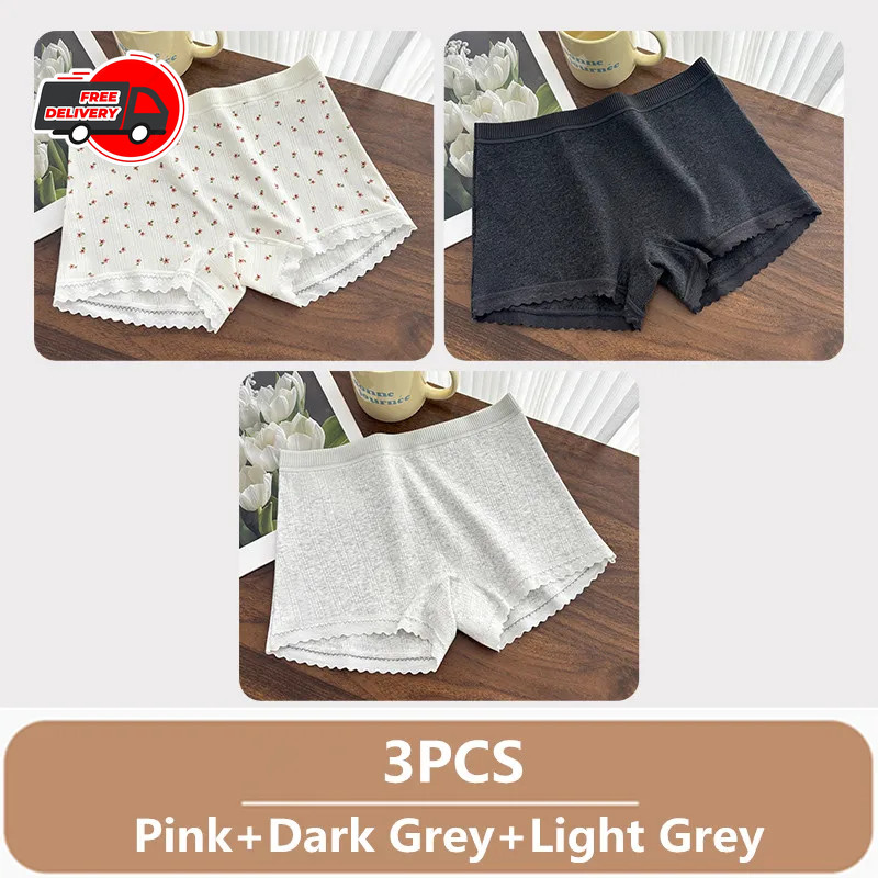 3PCS Women Thin Lace Boxer Underwear Mid Waist Breathable Comfortable Panties Se