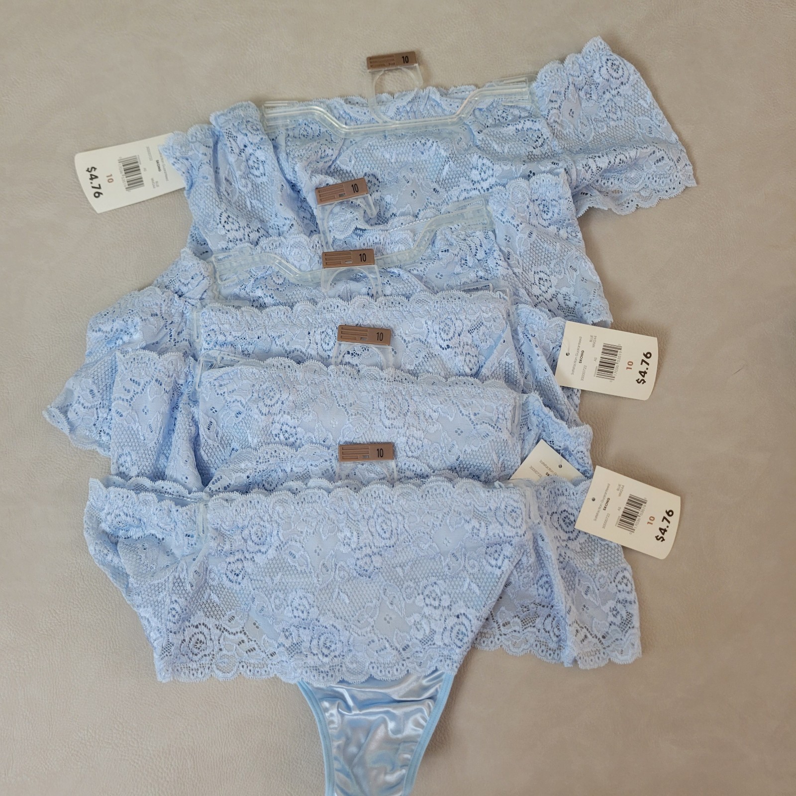 Lot Of ( 5)Secret Treasures Skong Thong Panties Size 10 Blue Satin Floral Lace