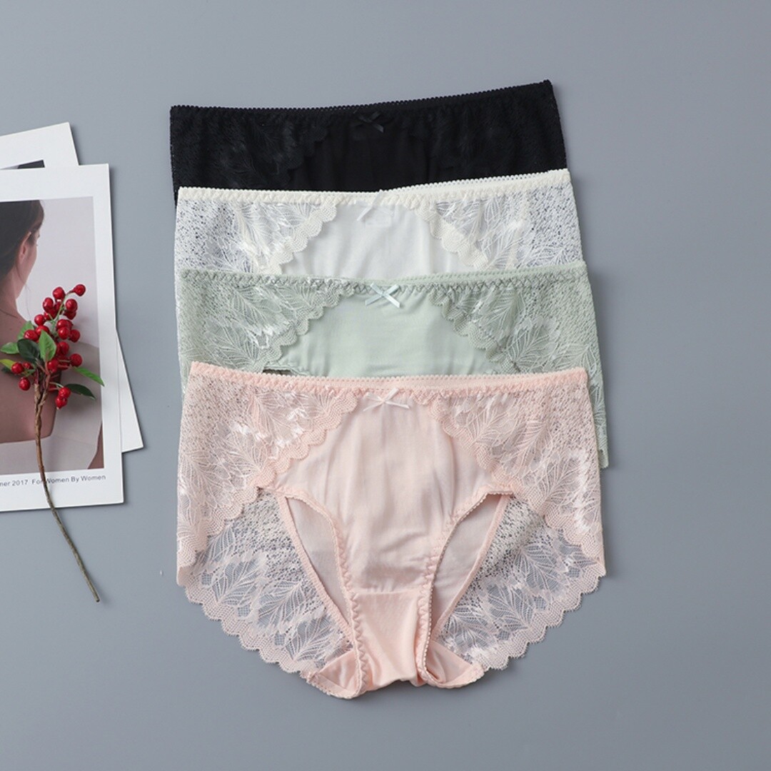 4 Pack 100% Mulberry Silk Sexy Lace Women Panties Briefs Underwear M L XL TG216