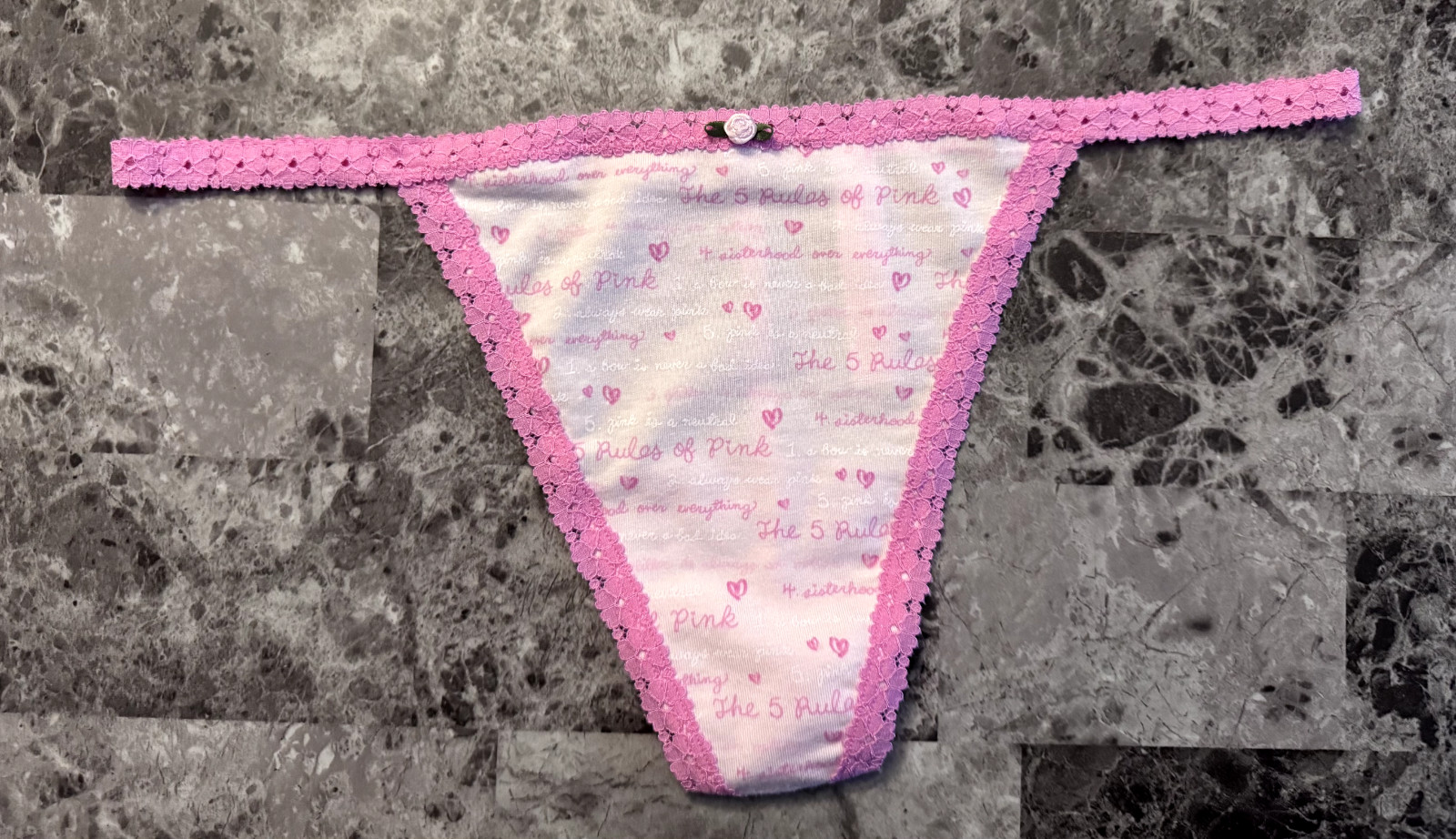 LOVESHACKFANCY VICTORIA’S SECRET PINK LOGO LACE ROSE APPLIQUE V STRING PANTIES