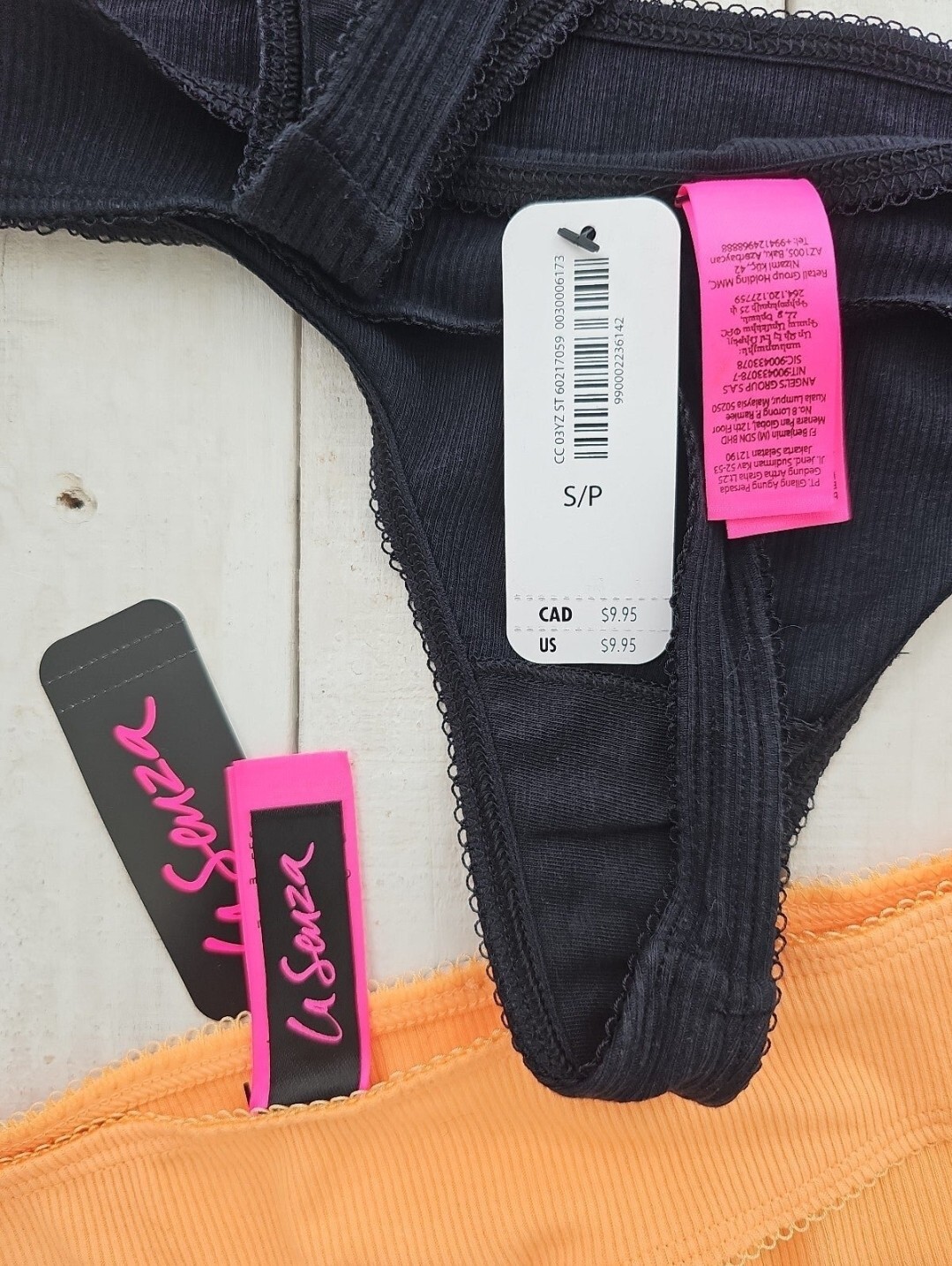 3 pair La Senza Ribbed Thong Panty Cotton in black & orange Small