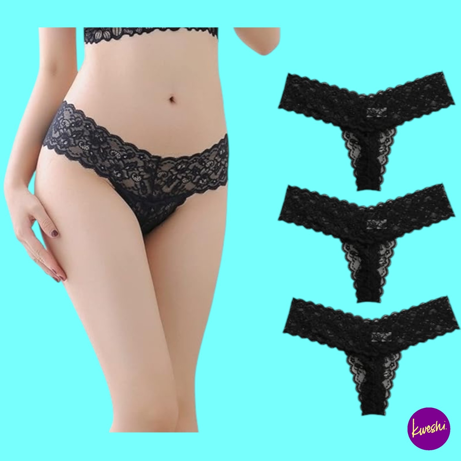 MARYSGIFT Women’s Lace Thong Panties 3-Pack, Black, UK 6–8 | EU 34–36 | US 2–4